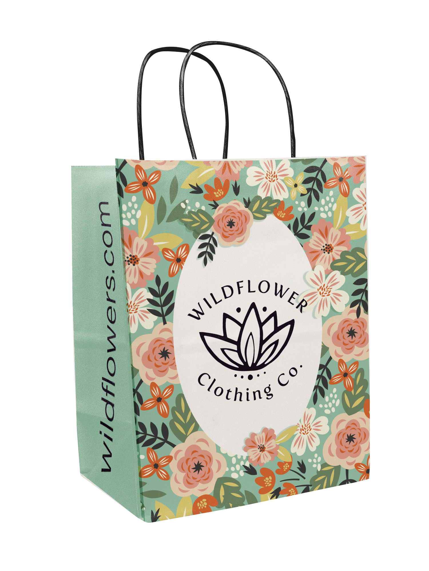 Multi-Sided Full Color White Shopper Paper Bag - Black Handle (8.25 x 10.25 x 5)