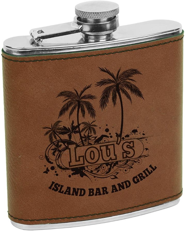 Laser Engraved Leatherette Covered Stainless Steel Flask - Dark Brown 2