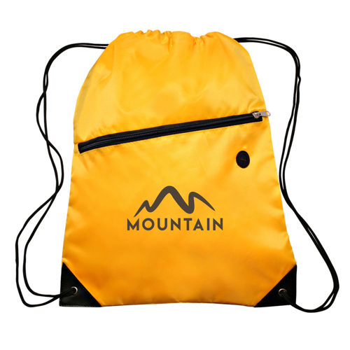 Polyester 210D Drawstring Bag w/ Zippered Pocket - 13.5"W x 2