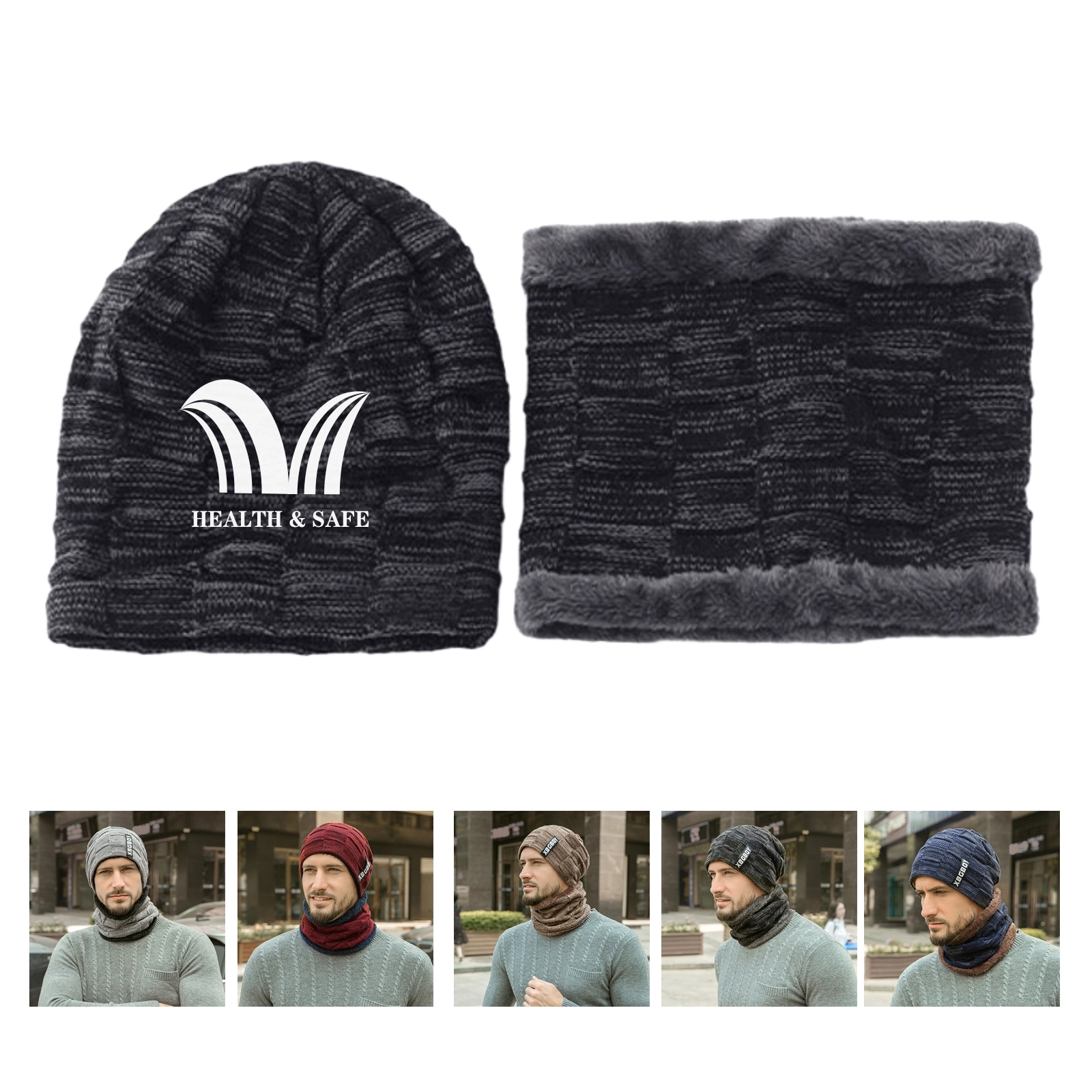 Mens Winter Beanie Hats Scarf Set 2