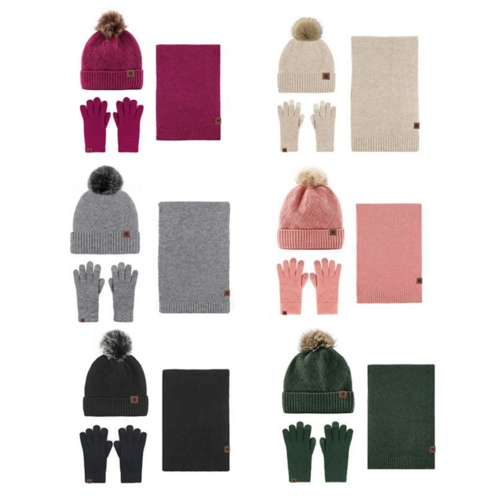 Three-Piece Thick Woolen Knitted Beanie Scarf And Gloves Set 3
