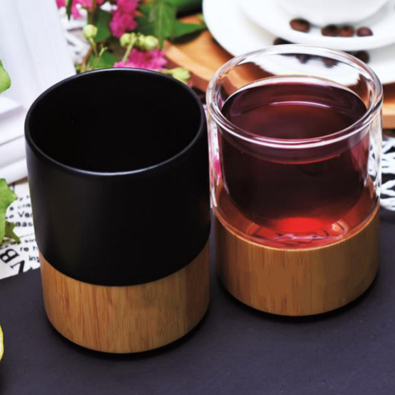 Double Walled Glass Cup W/ Bamboo Bottom 4
