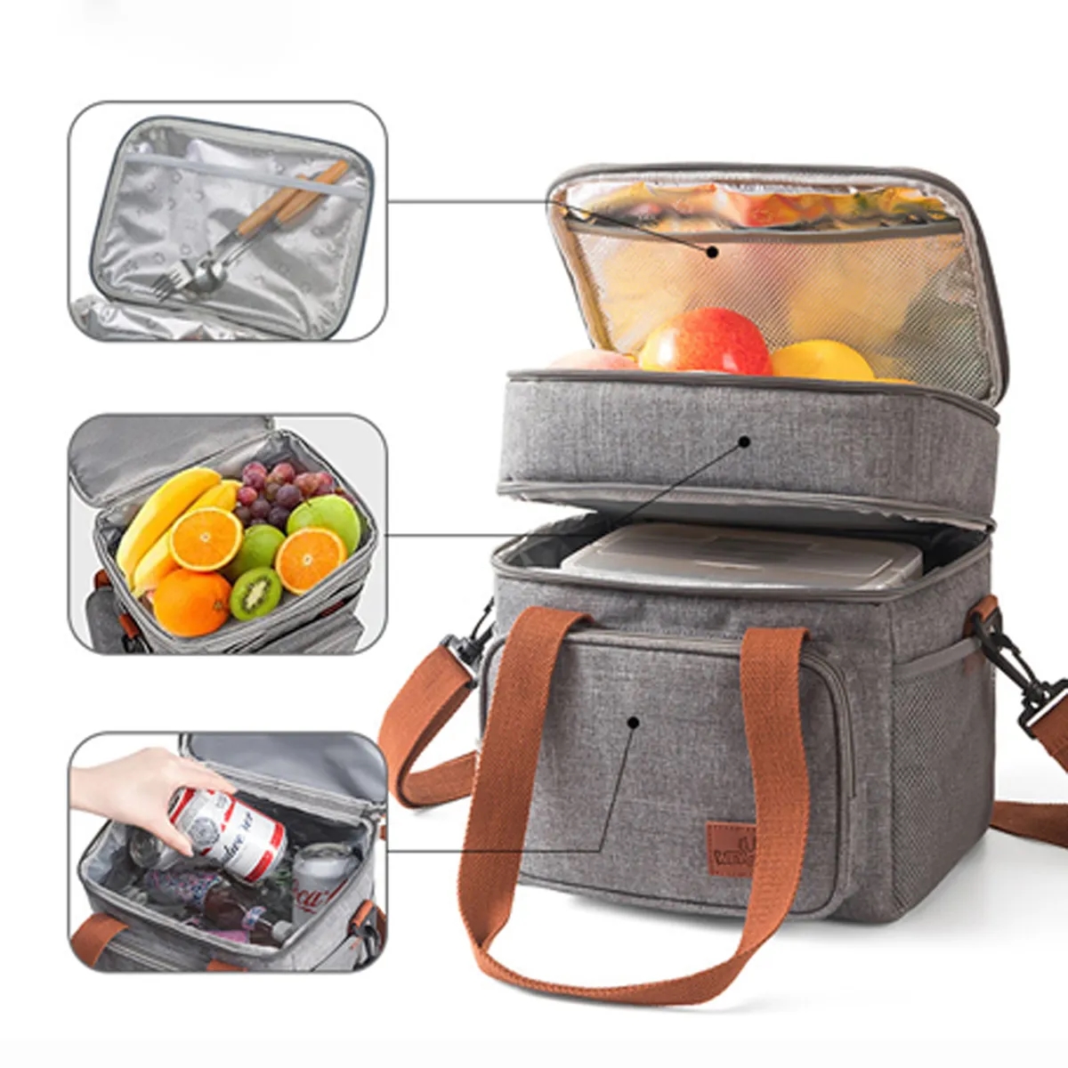 Reusable Leakproof Double Deck Soft Insulated Tote Lunch Bag 4