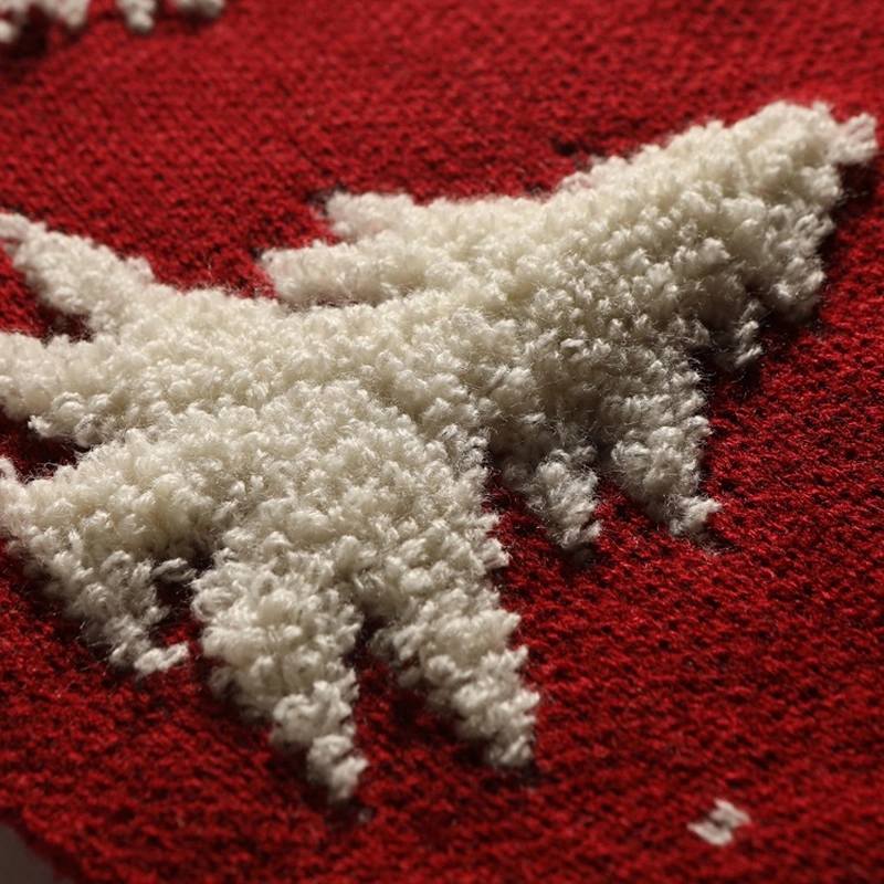 Red Knitted Christmas Tree Skirt with Snowflake & Reindeer 6