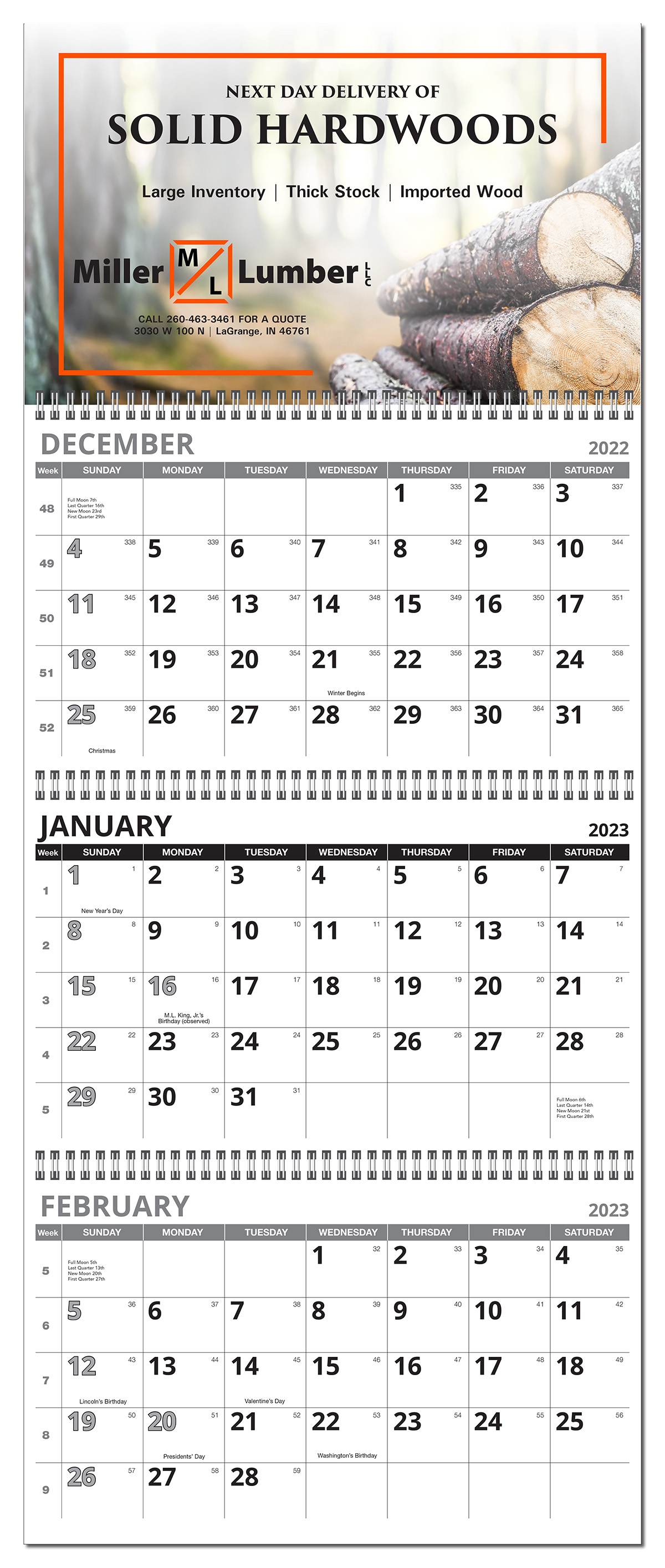 3 Month View Full Color Wall Calendar - 13" Wide 1