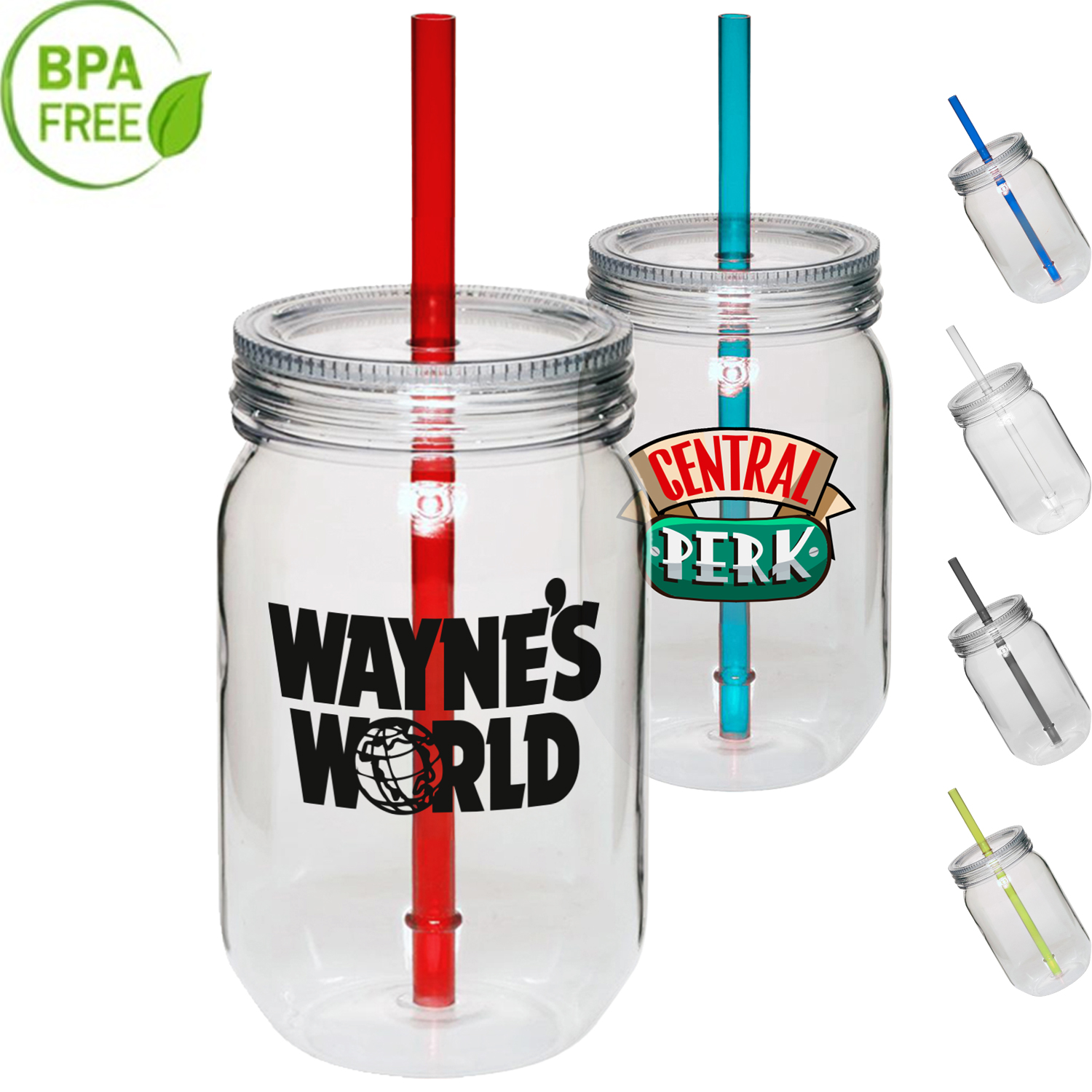 24 oz. Single Wall Mason Jars With screw-on lid and straw 2