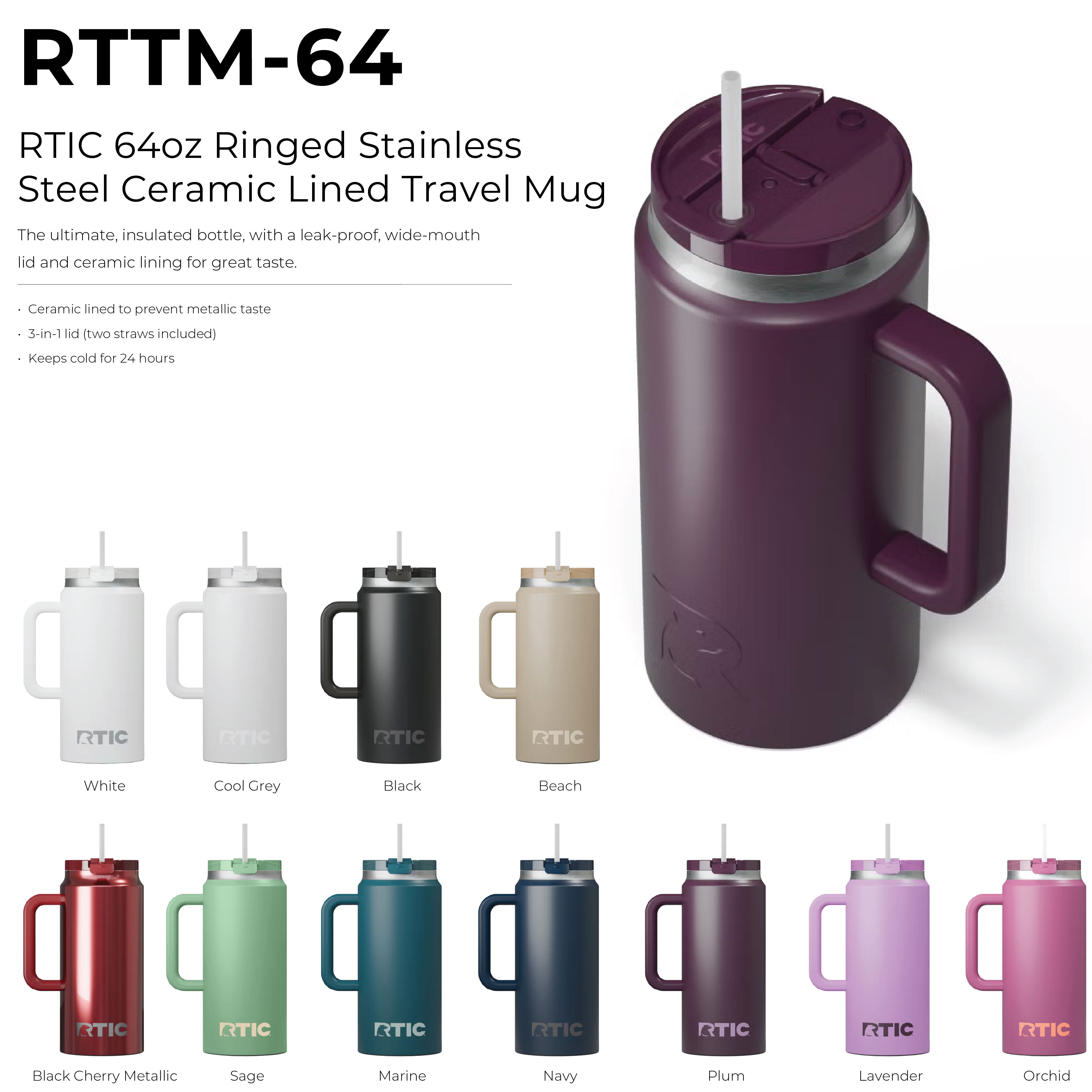 RTIC 64oz. Stainless Steel Ceramic Lined Travel Mugs 5