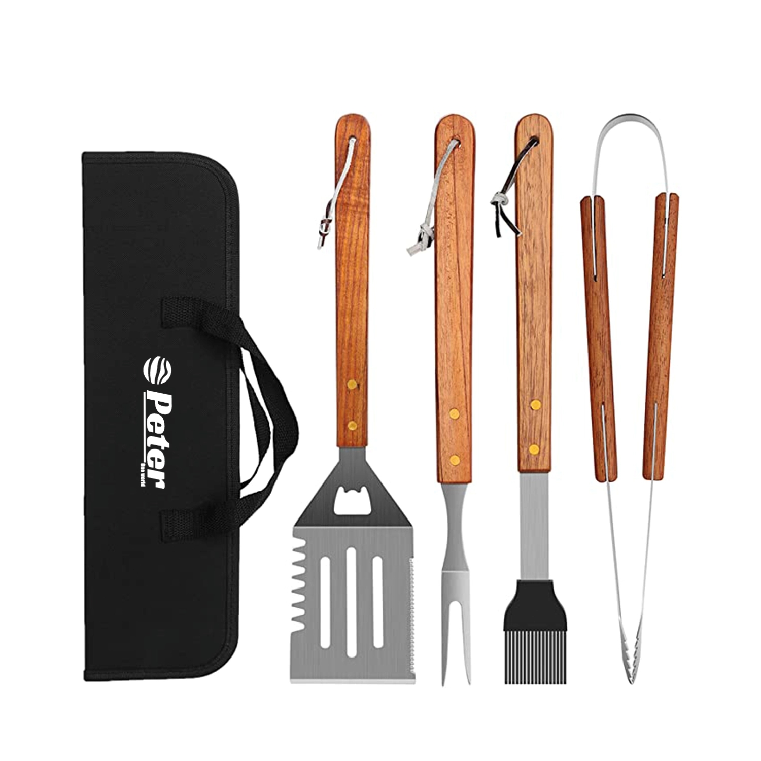 4-Piece Stainless Steel BBQ Tool Set with Wood Handles 5