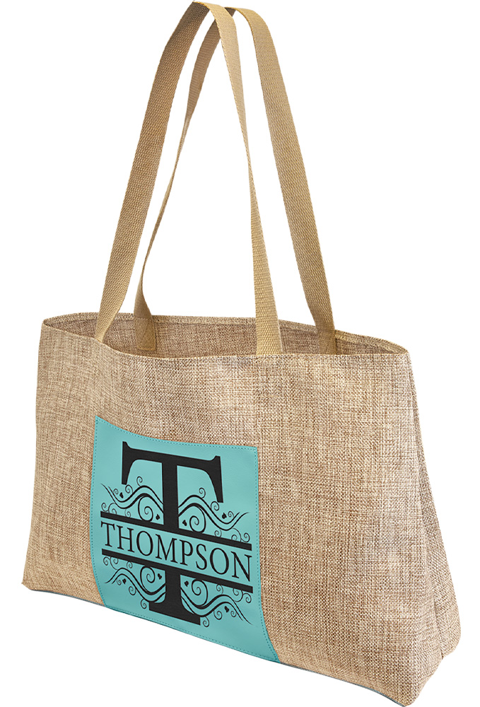 Laserable Teal Leatherette Burlap Gusset Bag 3