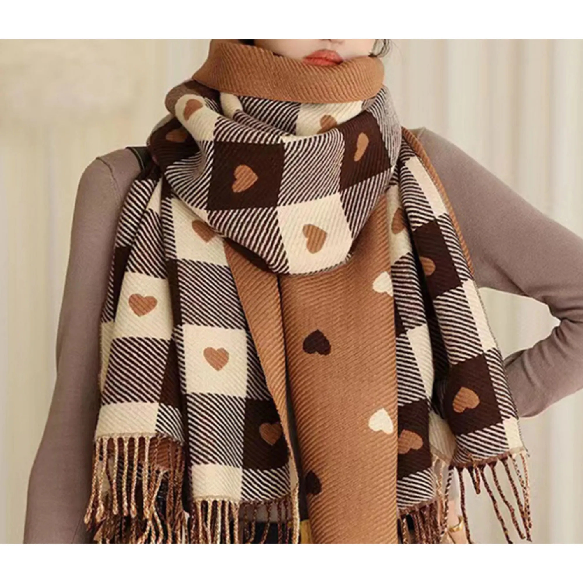 Double-Sided Faux Cashmere Heart Plaid Scarf 4