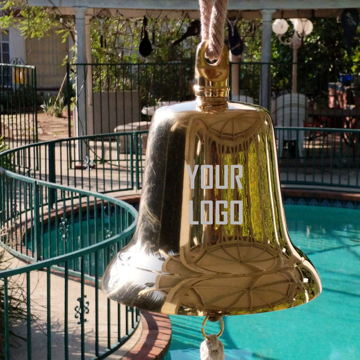 14" JUMBO SOLID BRASS BELL WITH HANGING COTTON BRAIDED PULL ROPE. 1