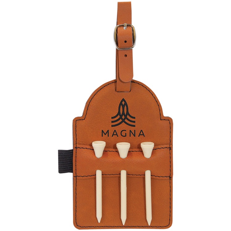 5" x 3 1/4" Rawhide Leatherette Golf Bag Tag with 3 Wooden Tees 2
