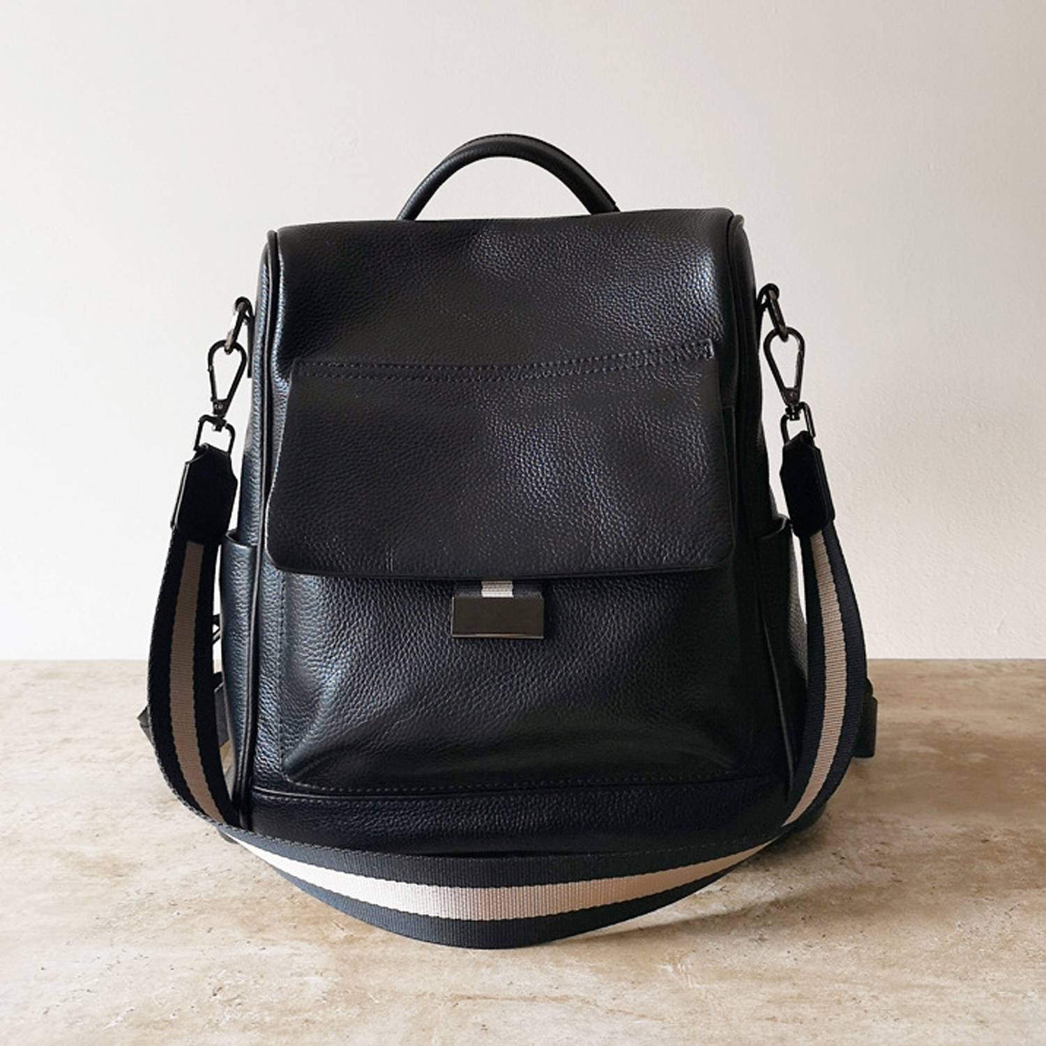 Black Genuine Leather Street-Style Backpack 3