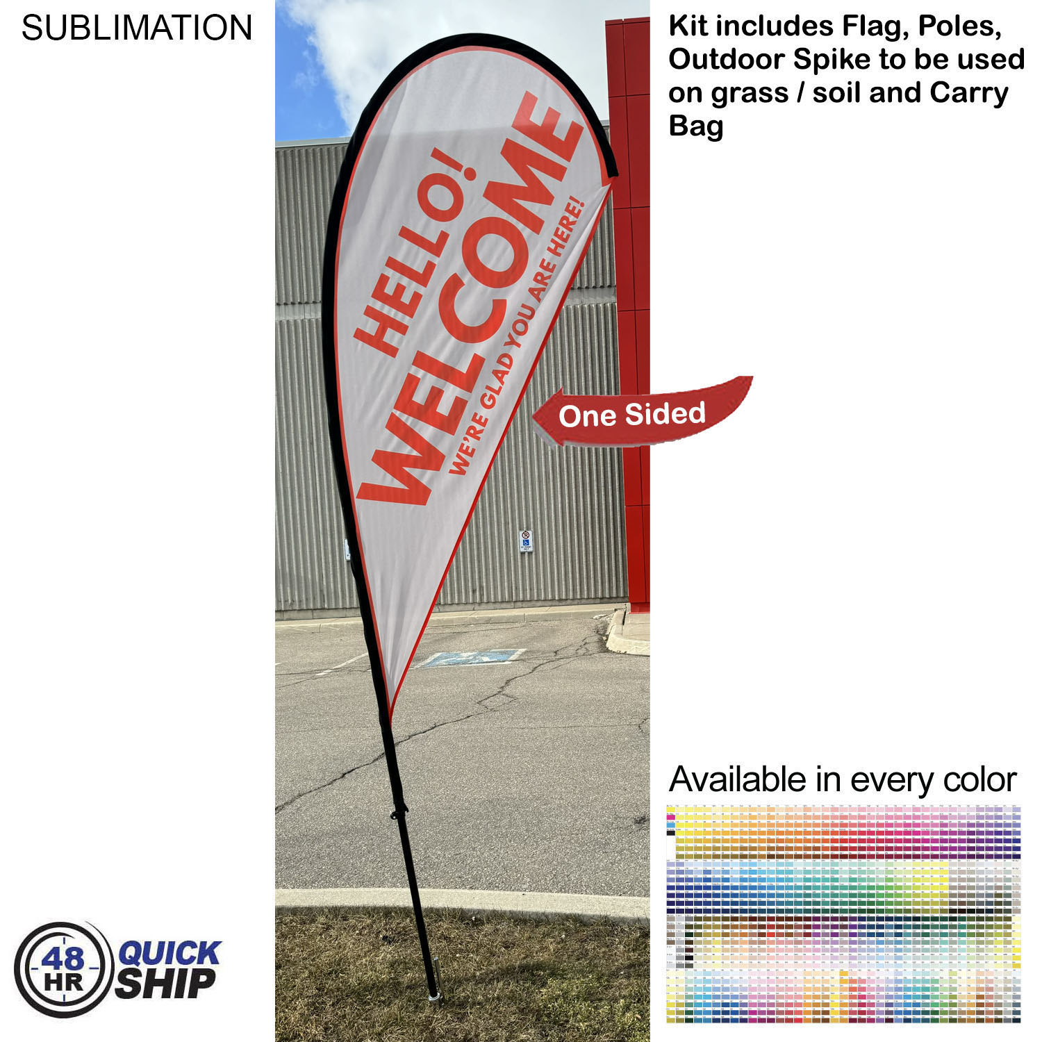 48Hr Quick Ship - 9' Small Tear Drop Flag Kit, Full Color Graphics One Side, Spike and Bag Included. 2