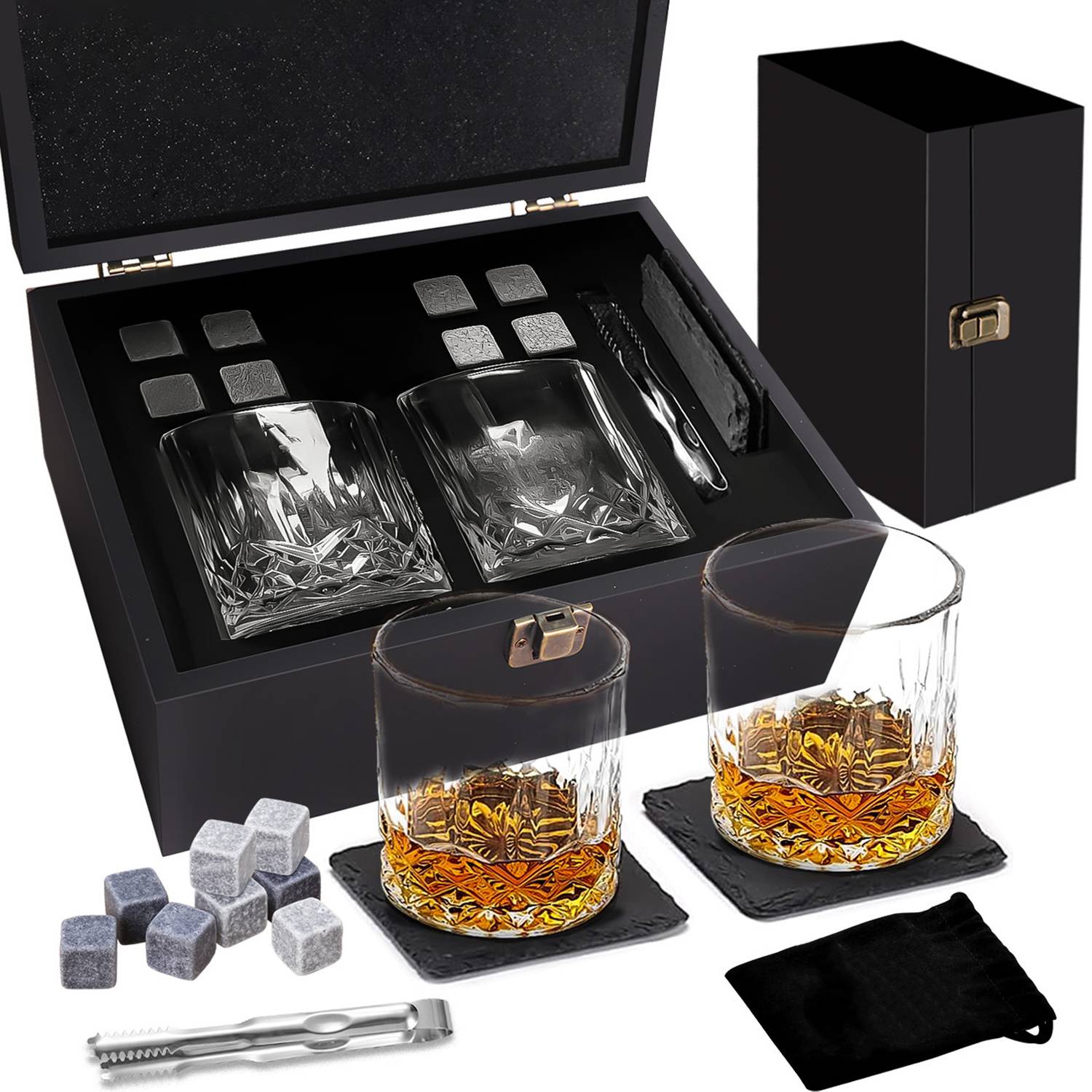 Whiskey Stones Glass Wooden Box Set 12