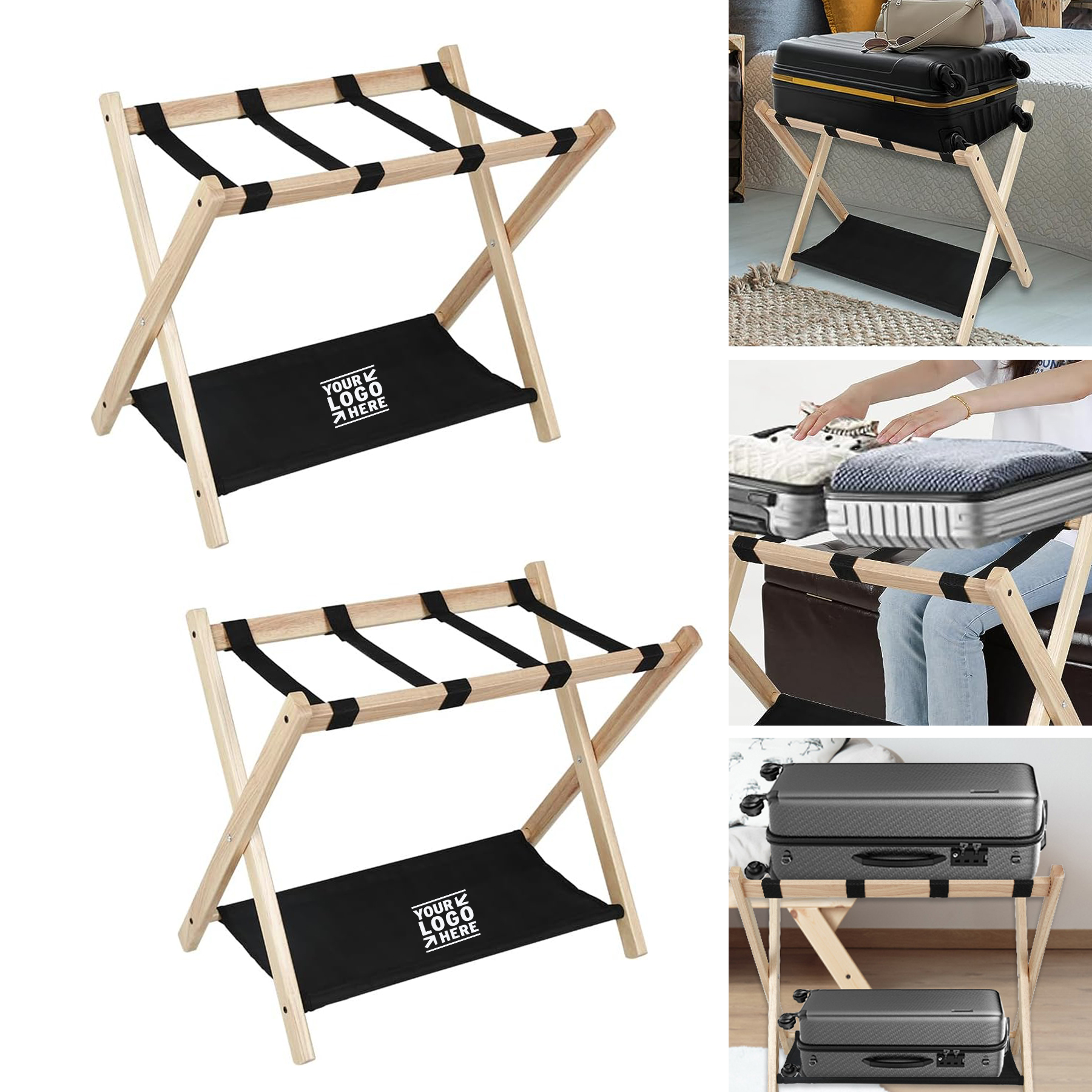 Bedroom Guest Room 2 Tier Wooden Suitcase Bag Holder Stand Folding Luggage Racks with Shelf