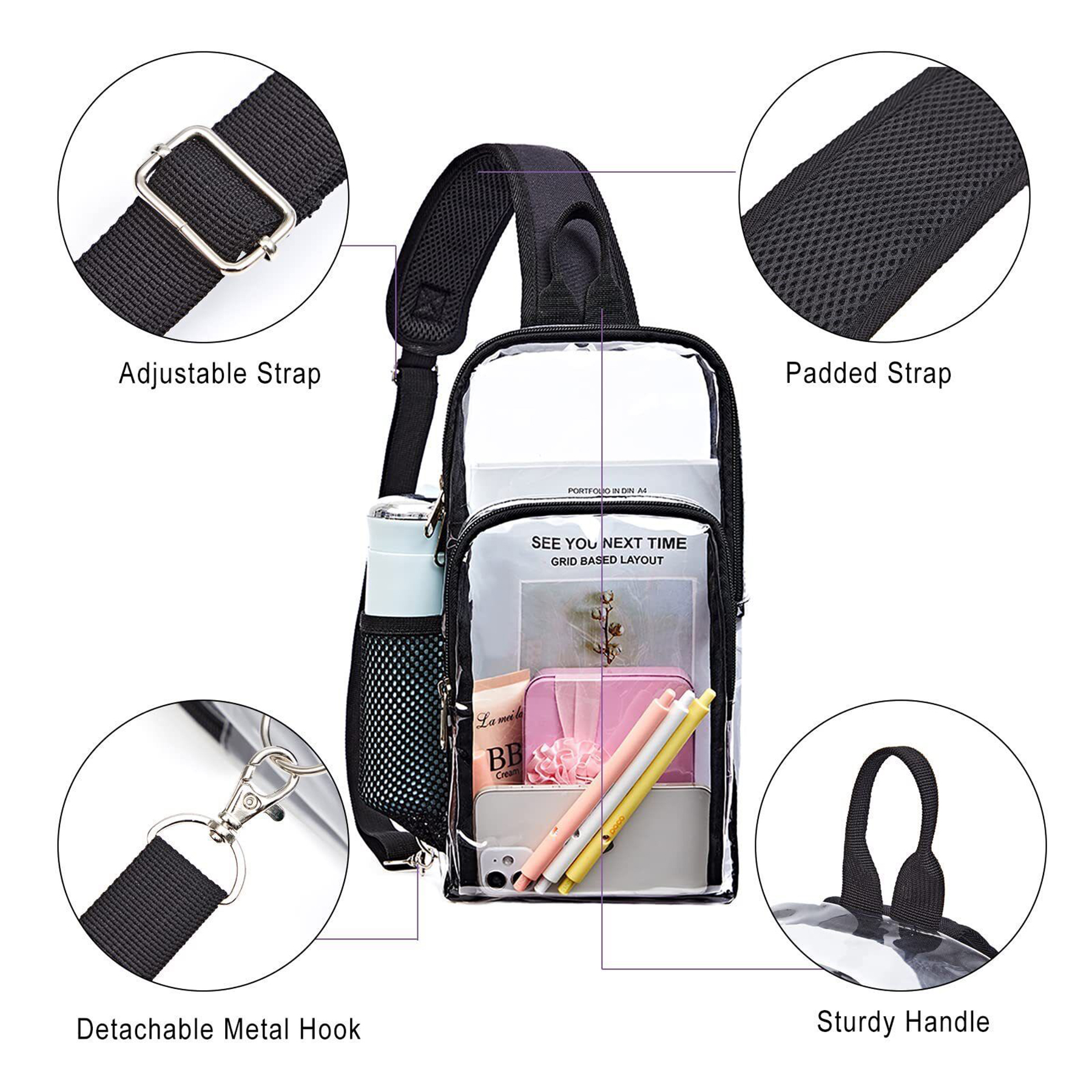 Clear PVC Sling Backpack - Transparent Travel Crossbody Bag 4