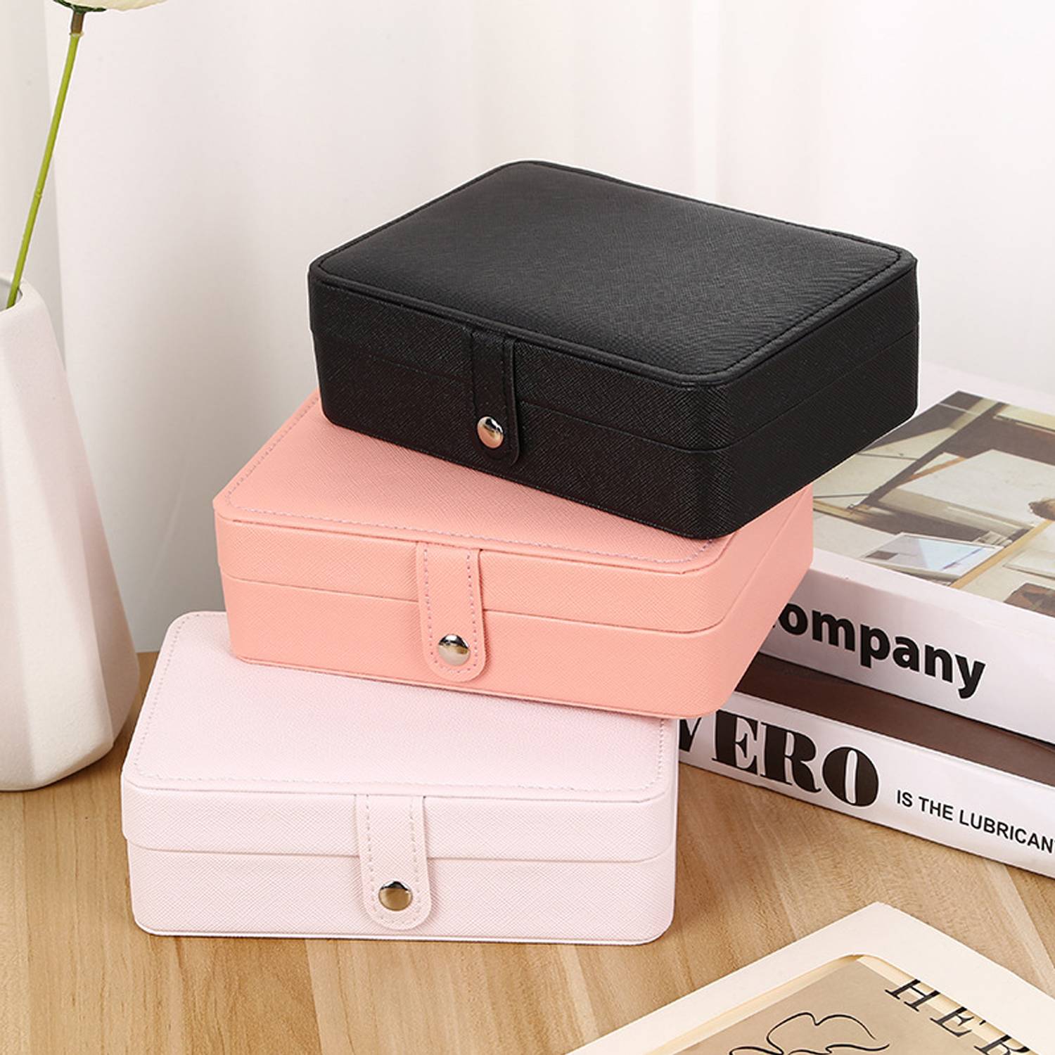 PU Leather Portable Dual-Layer Jewelry Box w/ Snap 2