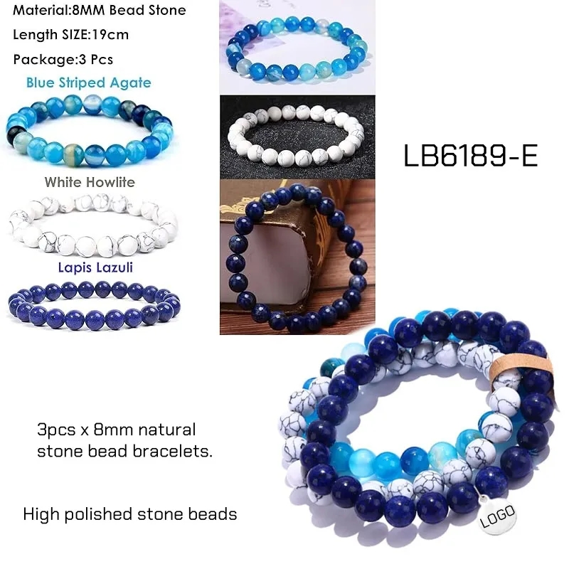 BULK Round Beaded Gemstone Bracelets Wholesale 3 PCS Set 3