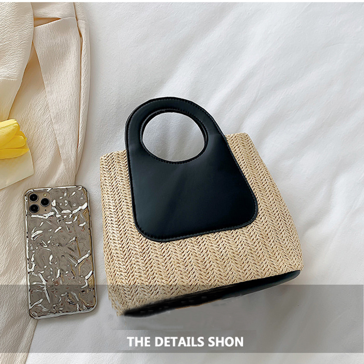 Retro color-blocking spliced straw bag 3