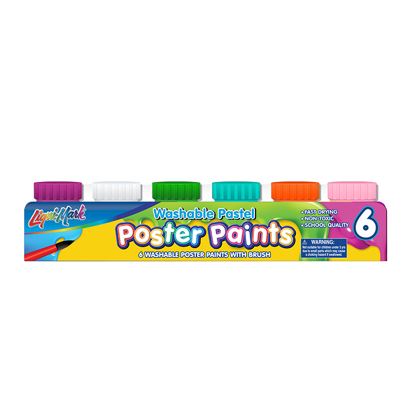 Set of 6 Washable Poster Paint with Brush - Pastel Colors