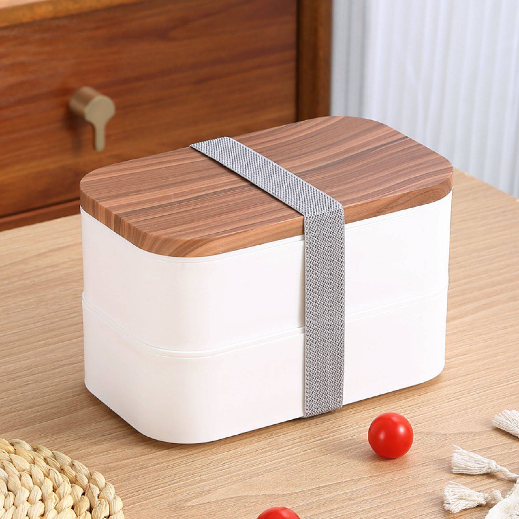 Wooden grain double layer plastic bento lunch box 6