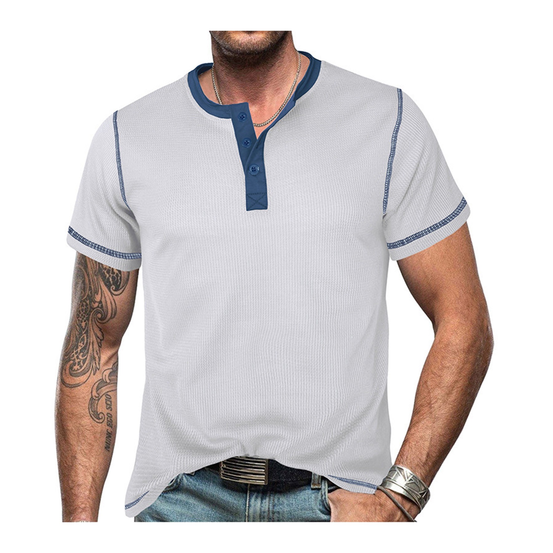Summer Retro Waffle Color Block Henry T-shirt 5