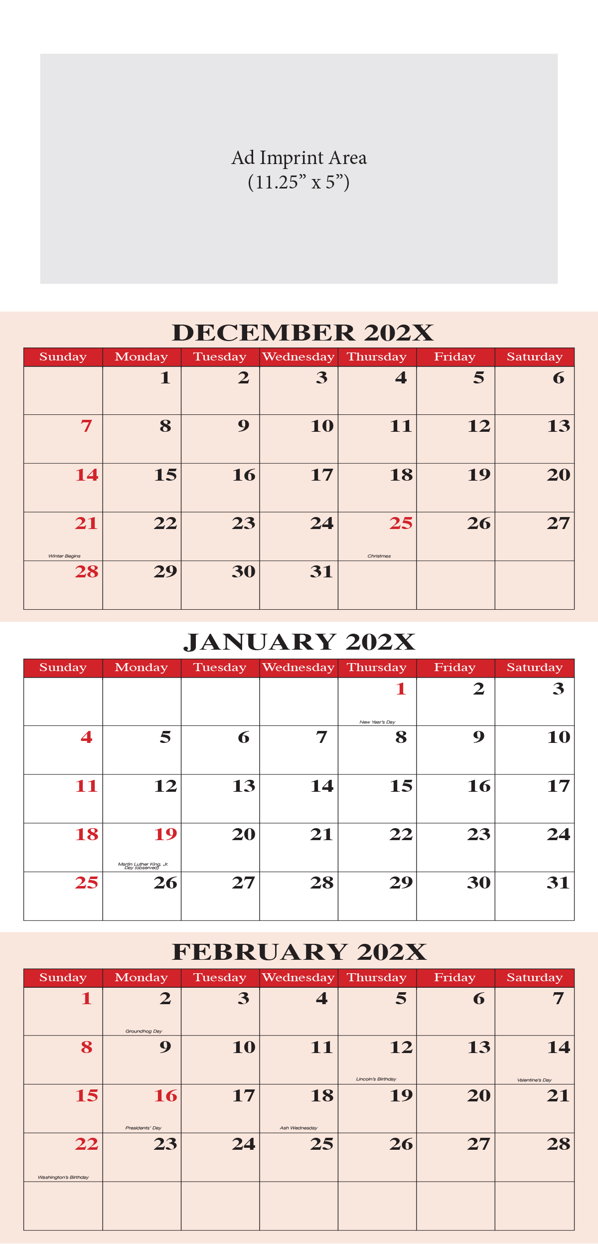3 Month Display 12-Sheet Calendar