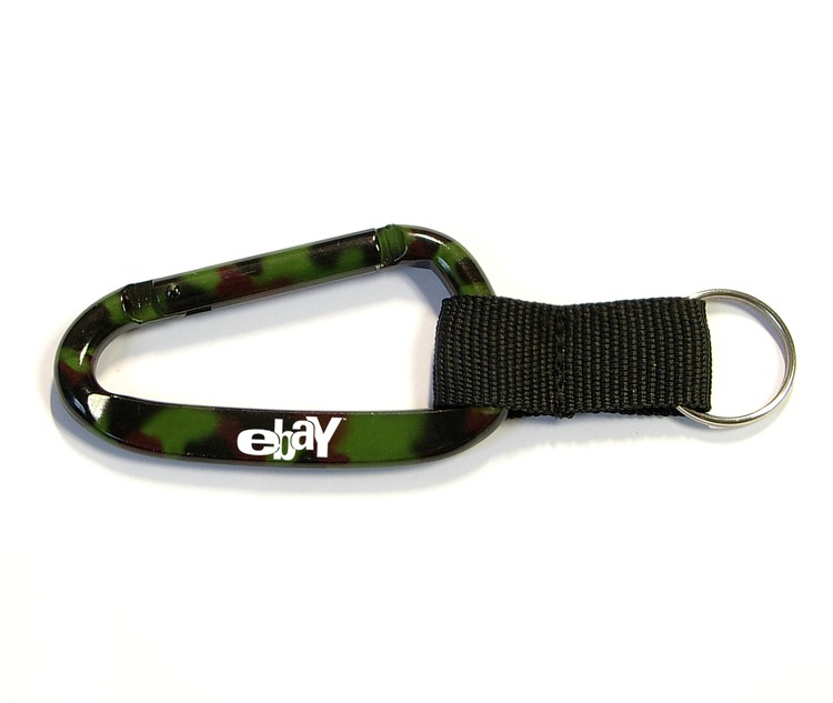 Camouflage carabiner with split key ring and nylon strap