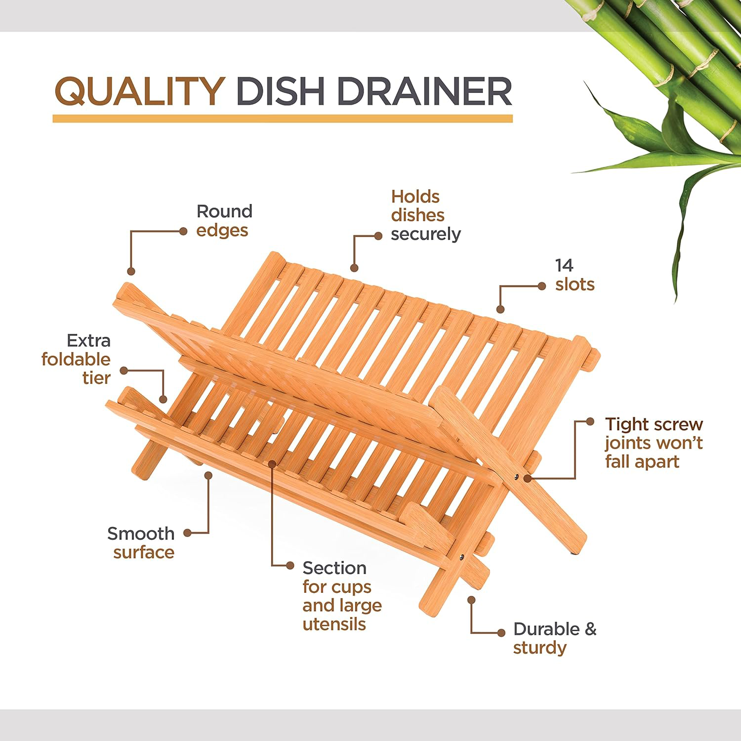 Bamboo Folding 2-Tier Dish Drying Rack with Utensil Holder 2