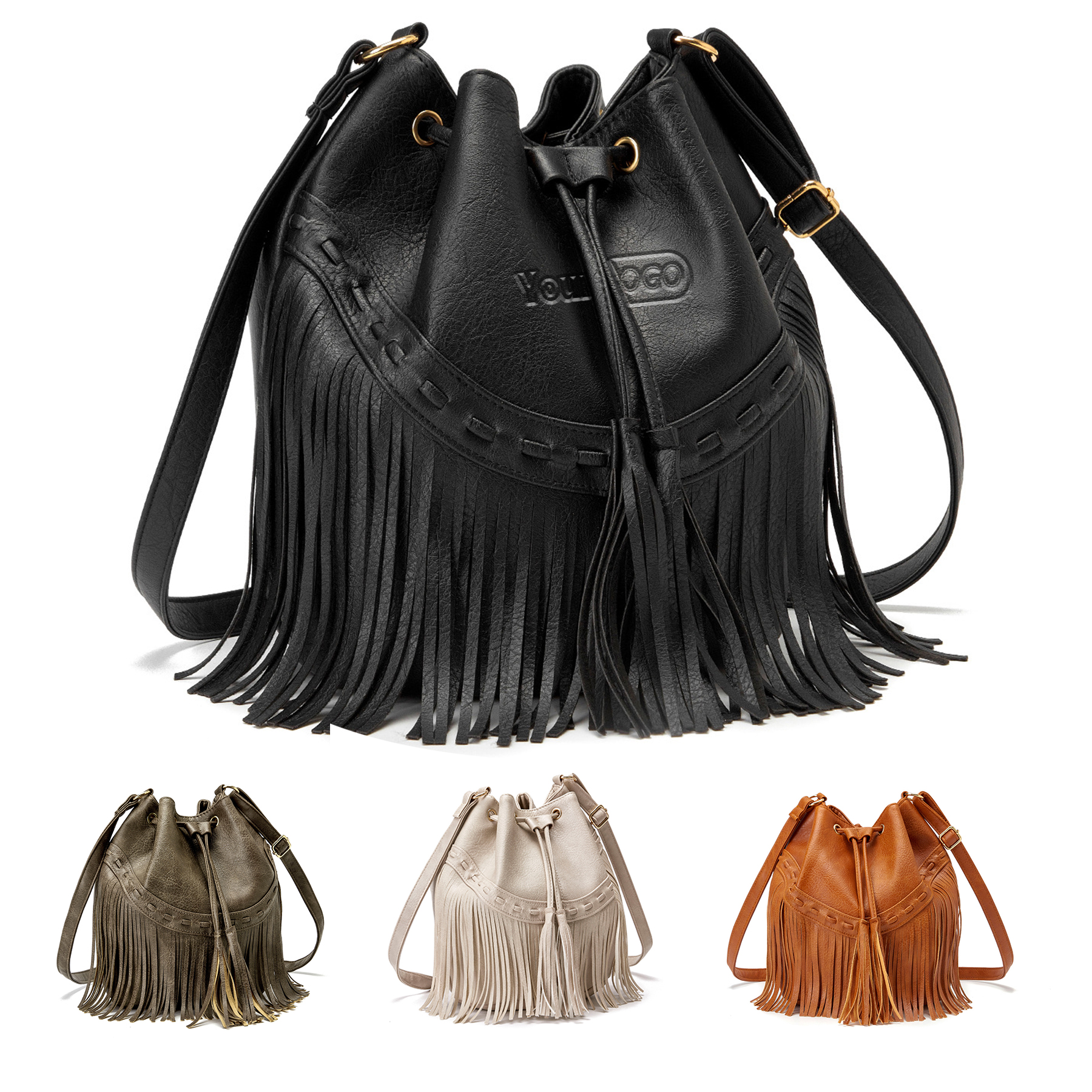 PU leather Drawstring Purse Tassel Crossbody Shoulder Bag 7