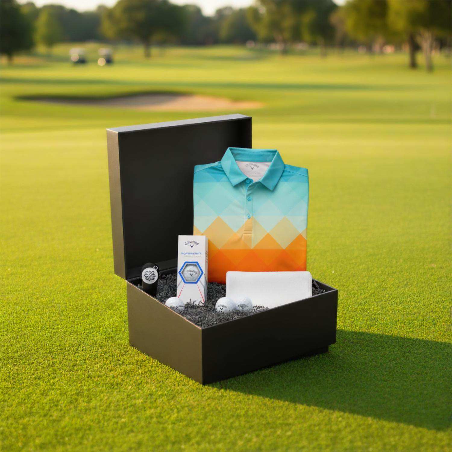 YATTA Golf® Abstract Men's Polo Shirt, Towel, Srixon® Golf Balls & Pitchfix® Icon Divot Tool Gift Set 1