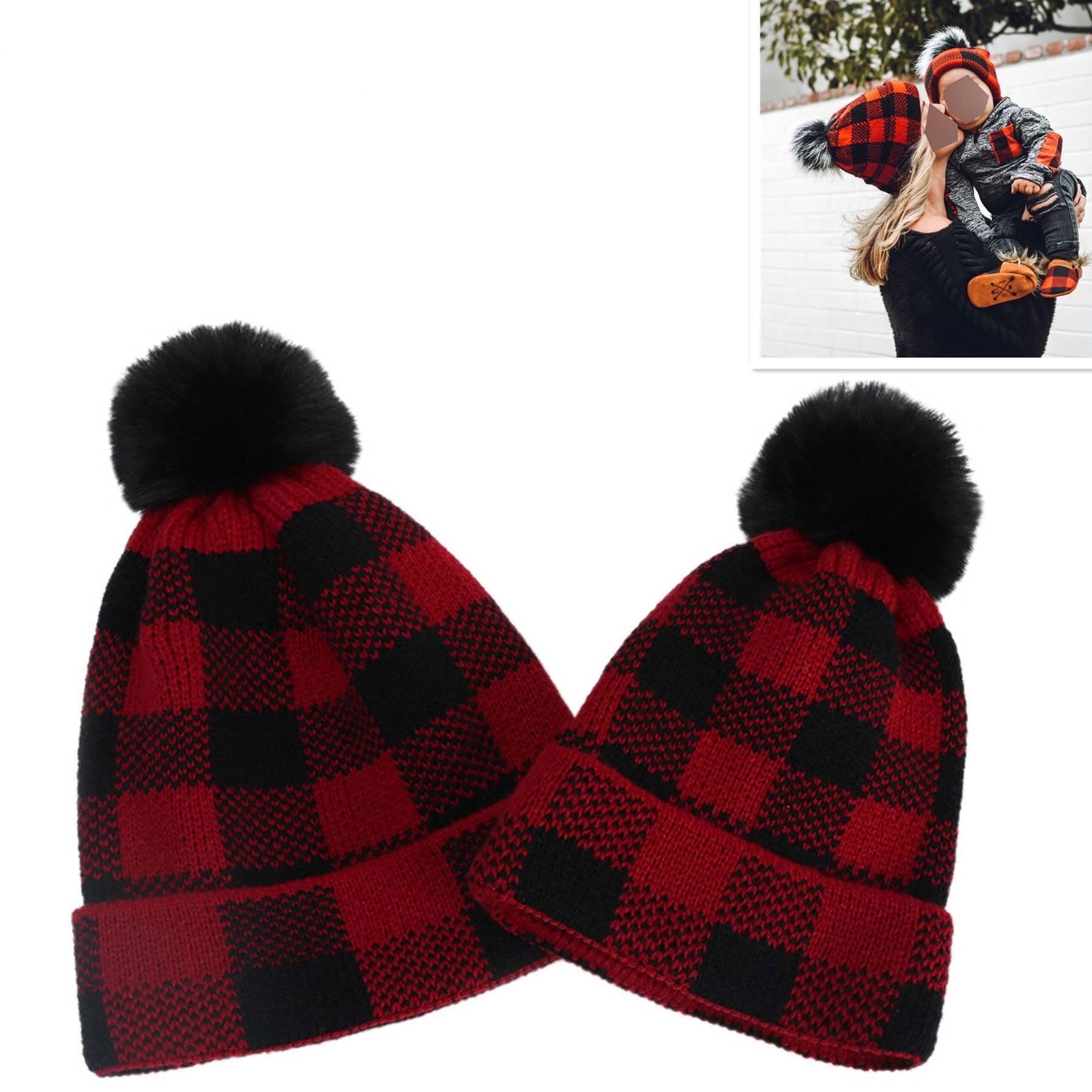Winter Mommy Child Christams Red Plaid Beanie Hat 1