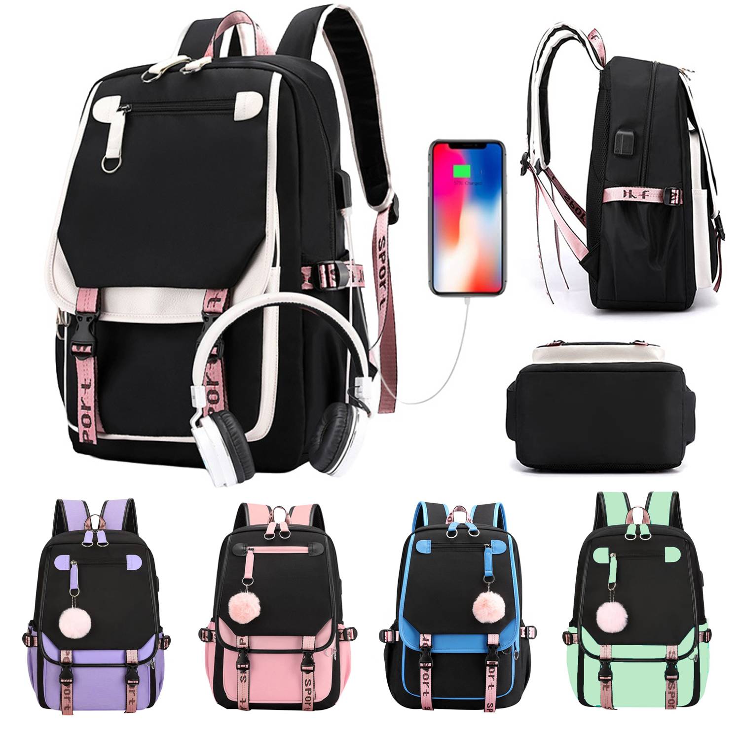 Large Capacity Oxford Backpack w/ USB Charging Port 9