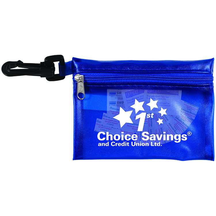 "TROUTDALE" 13 Piece First Aid Kit inTranslucent Zipper Kit with Plastic Carabiner Attachment 17