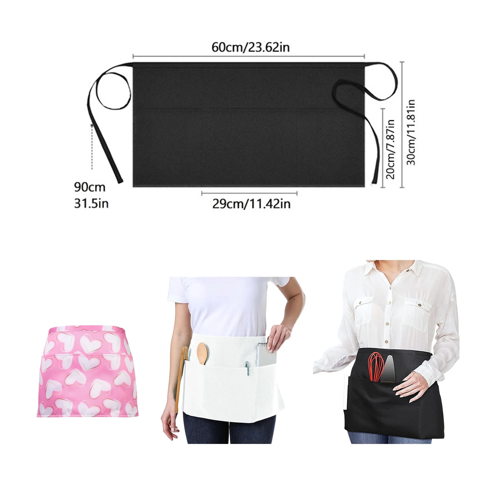 Server Waitres Waist Apron with 3 Pockets