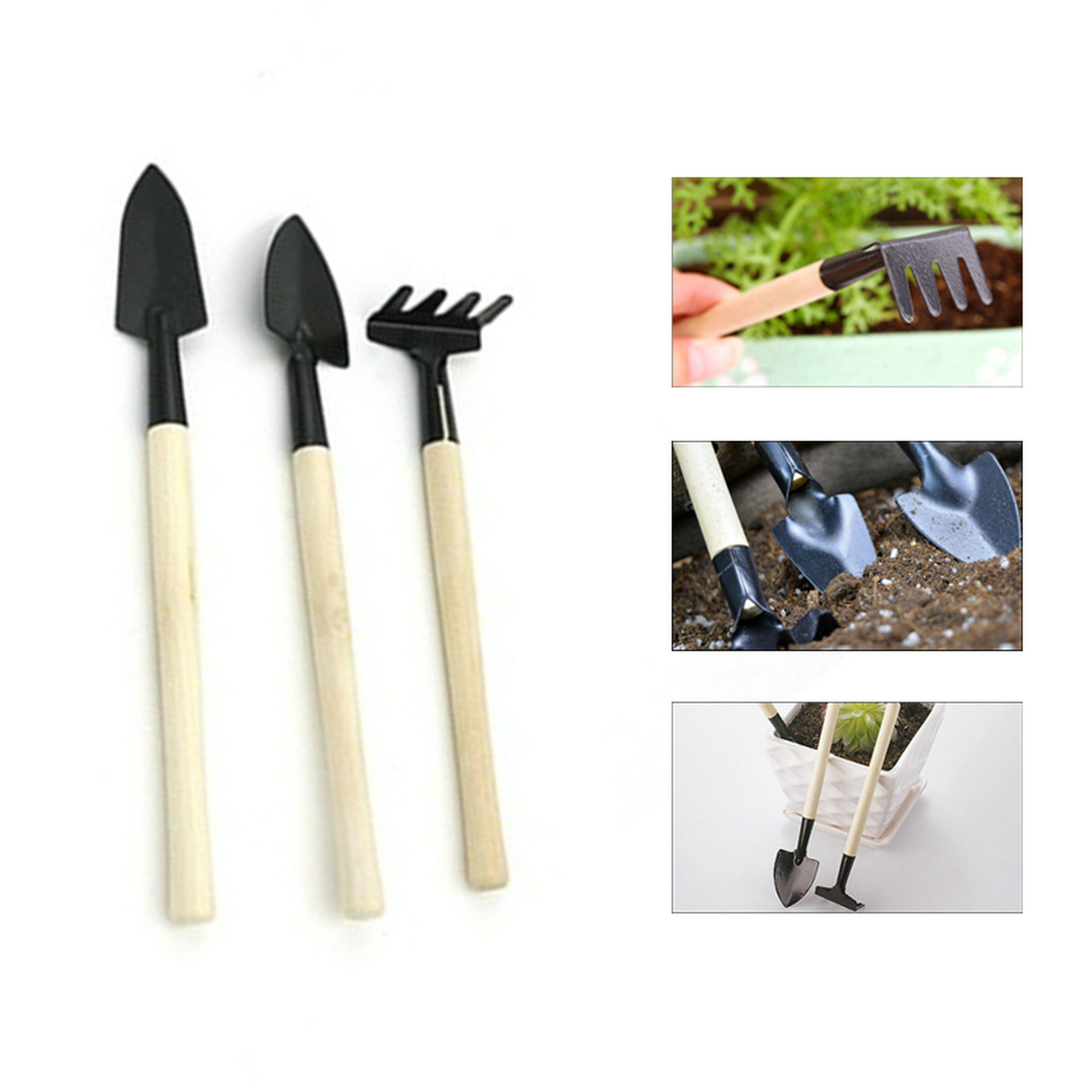 Mini Three-pieces Set Of Wooden Garden Tools 1
