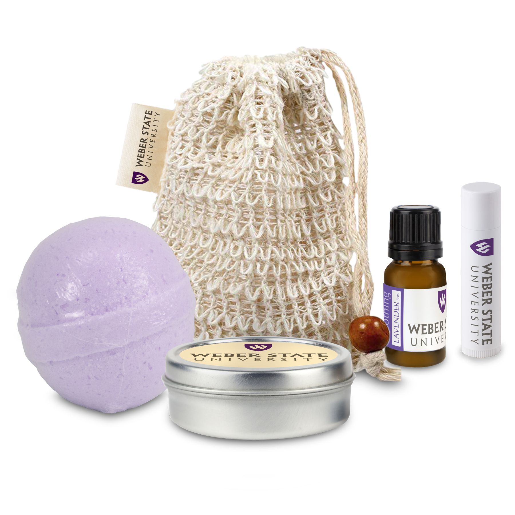 Loofah Bag with Bath Bomb, Candle Tin, Essential Oil, and Lip Balm 1