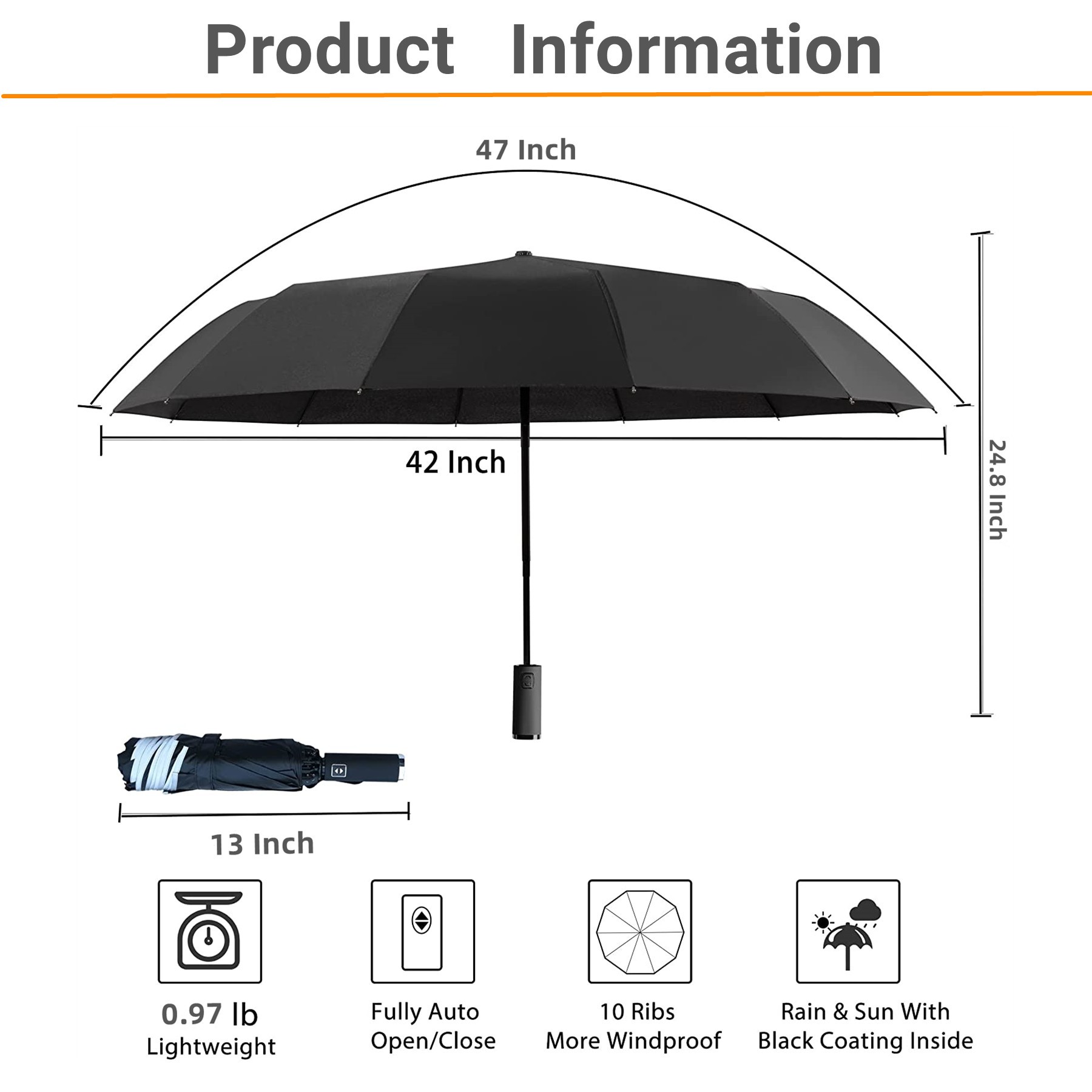 47" Arc Automatic Inverted Umbrella For Rain & Sun 1