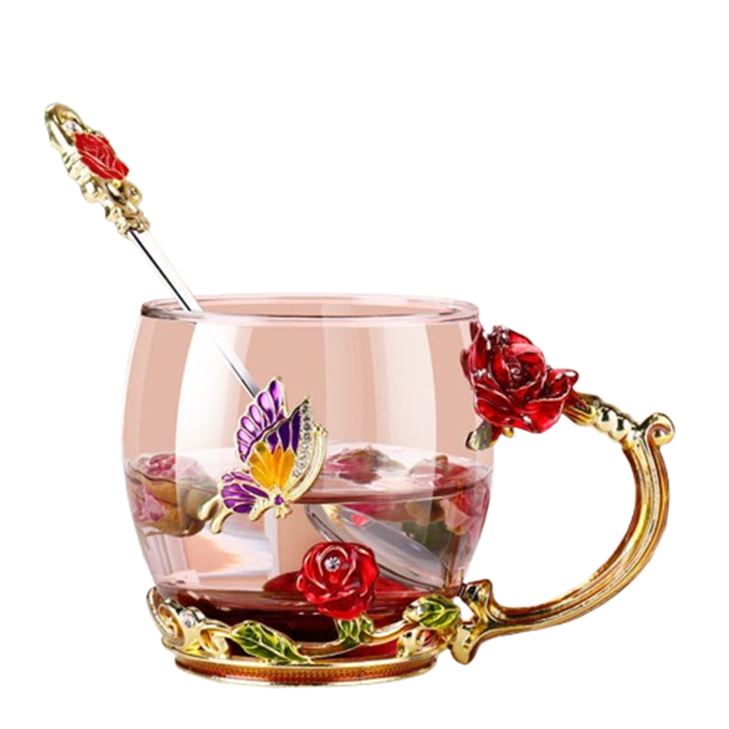 10/11oz Enamel Rose Butterfly Glass Mug Tea Cup w/ Spoon 8