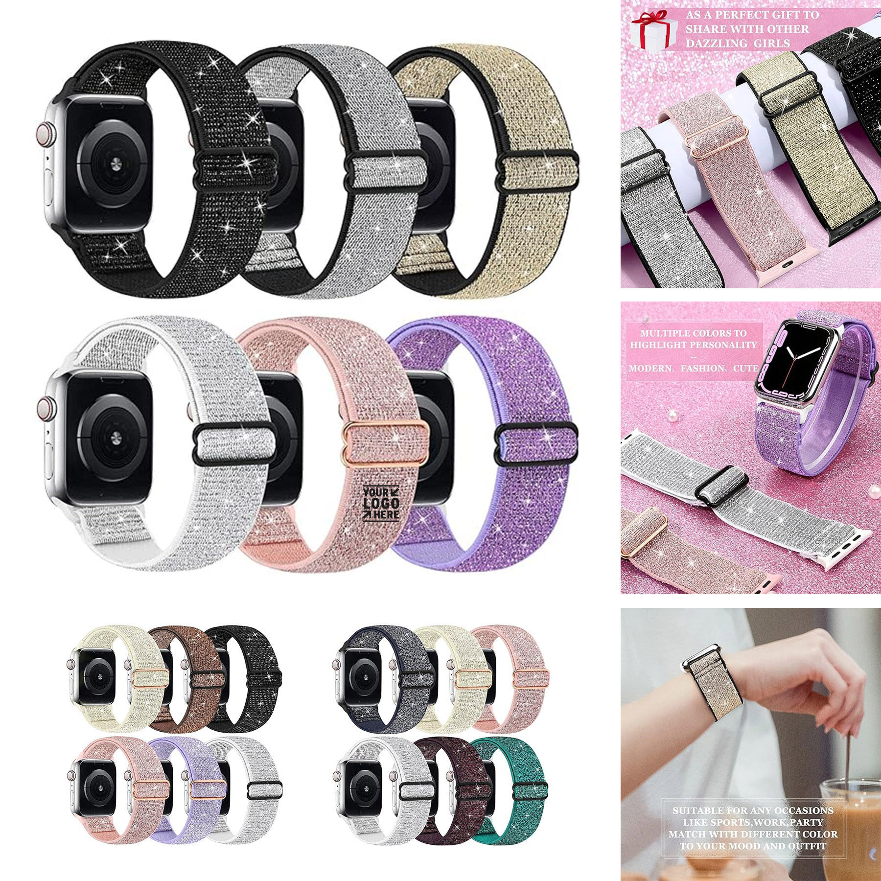 Women Girls Bling Nylon Stretchy 38mm 40mm 41mm 42mm 44mm 45mm 49mm iWatch Series Apple Watch Band