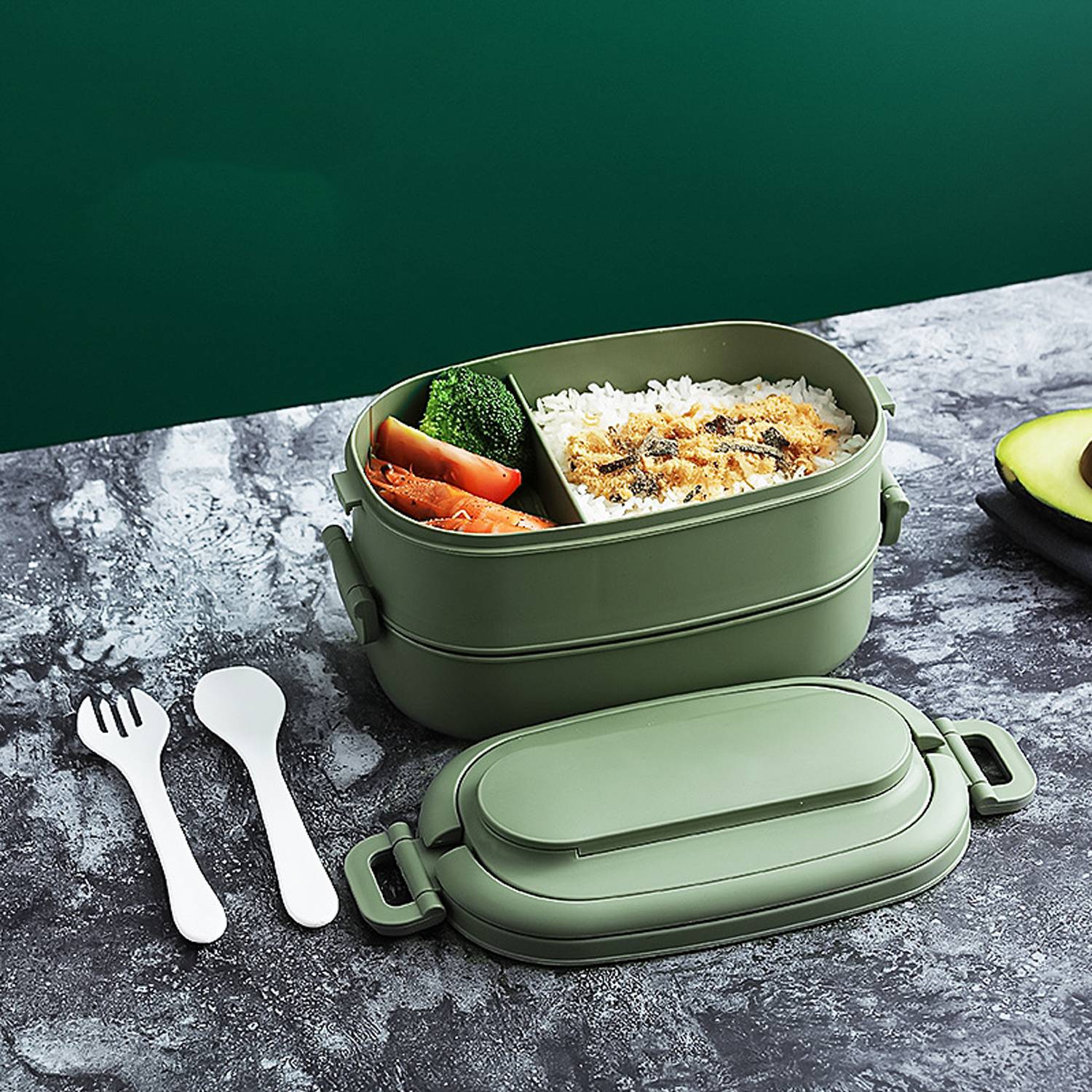 Food Grade PP Lunch Box 2-Layer w/ Cutlery & Microwaveable 4