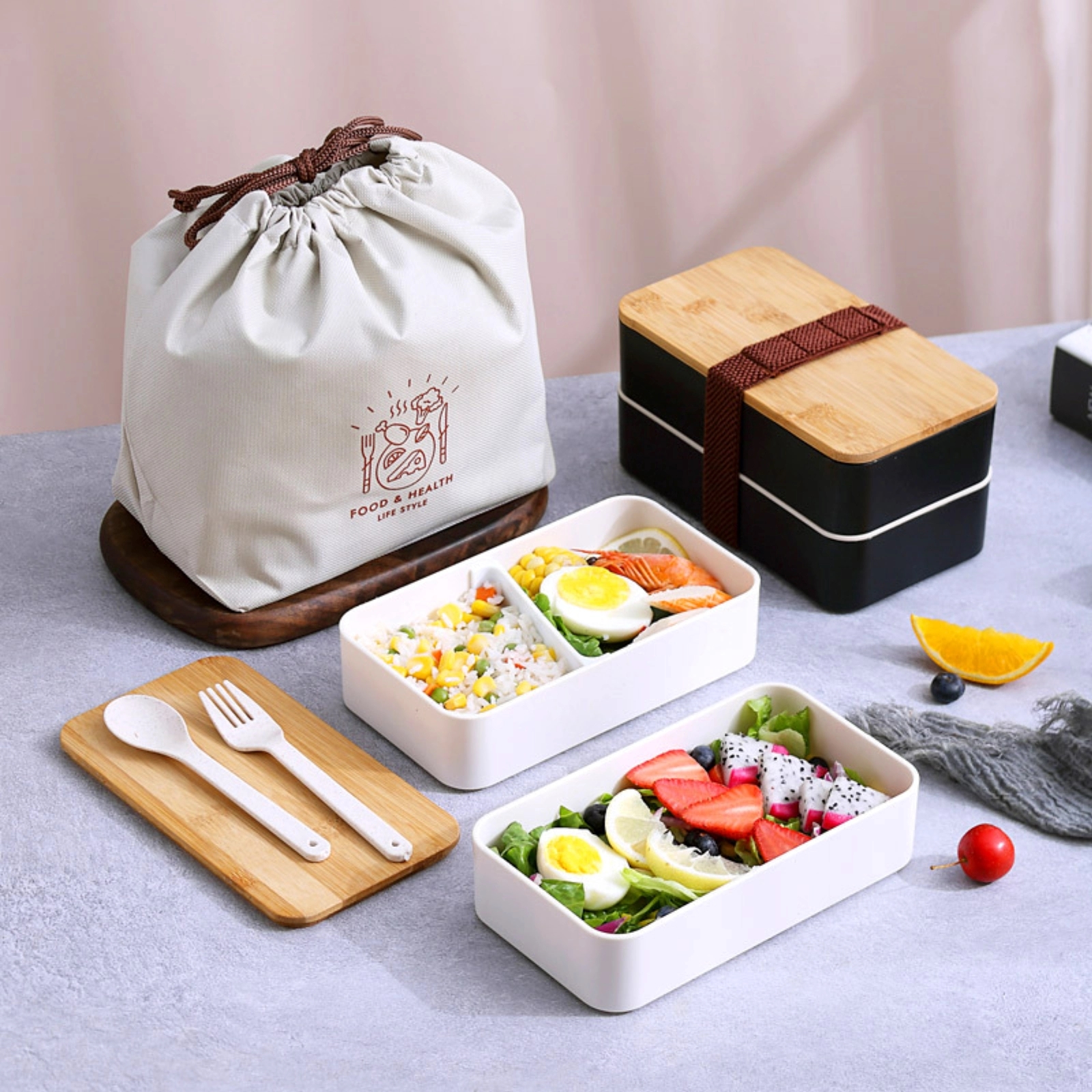 Double Plastic Lunch Box With Bamboo Cover 2