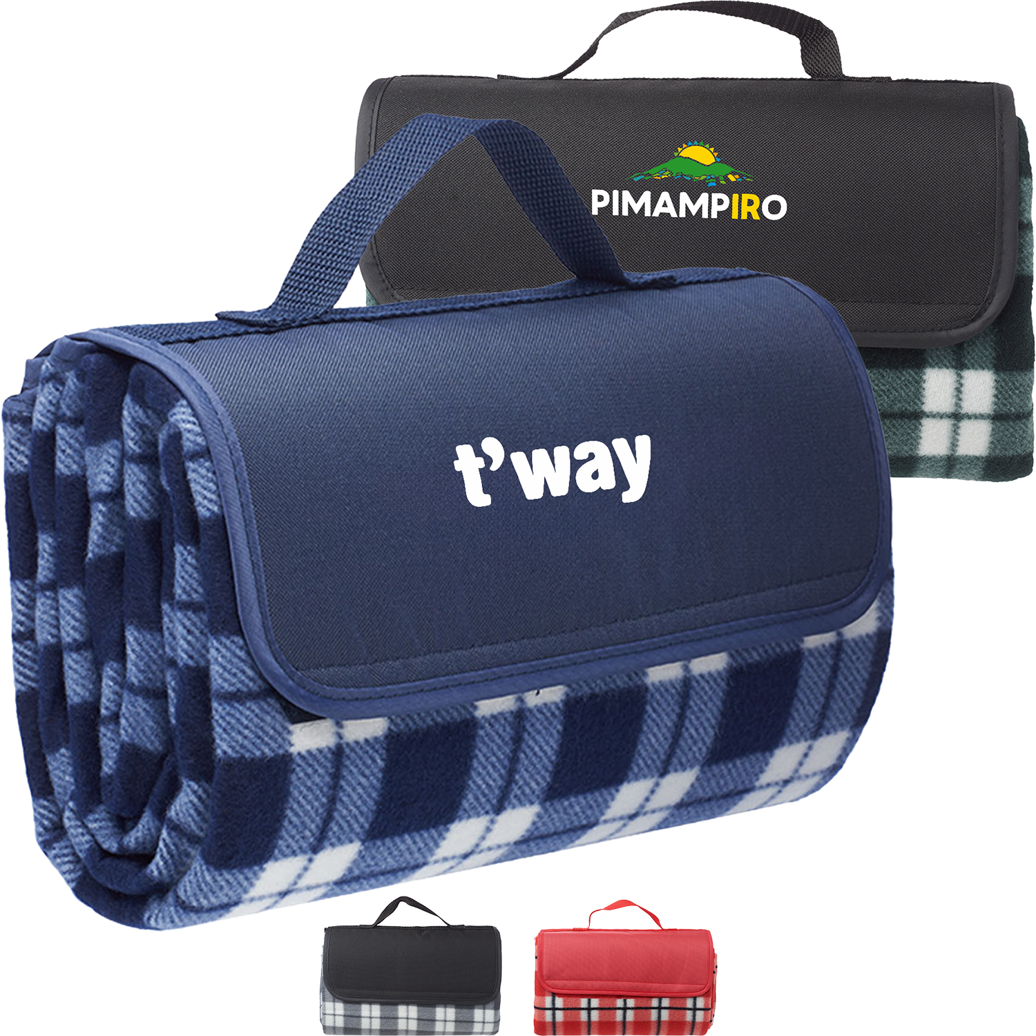 Fleece Blanket w/ Grid Pattern Design & Woven Handle Roll Up 2