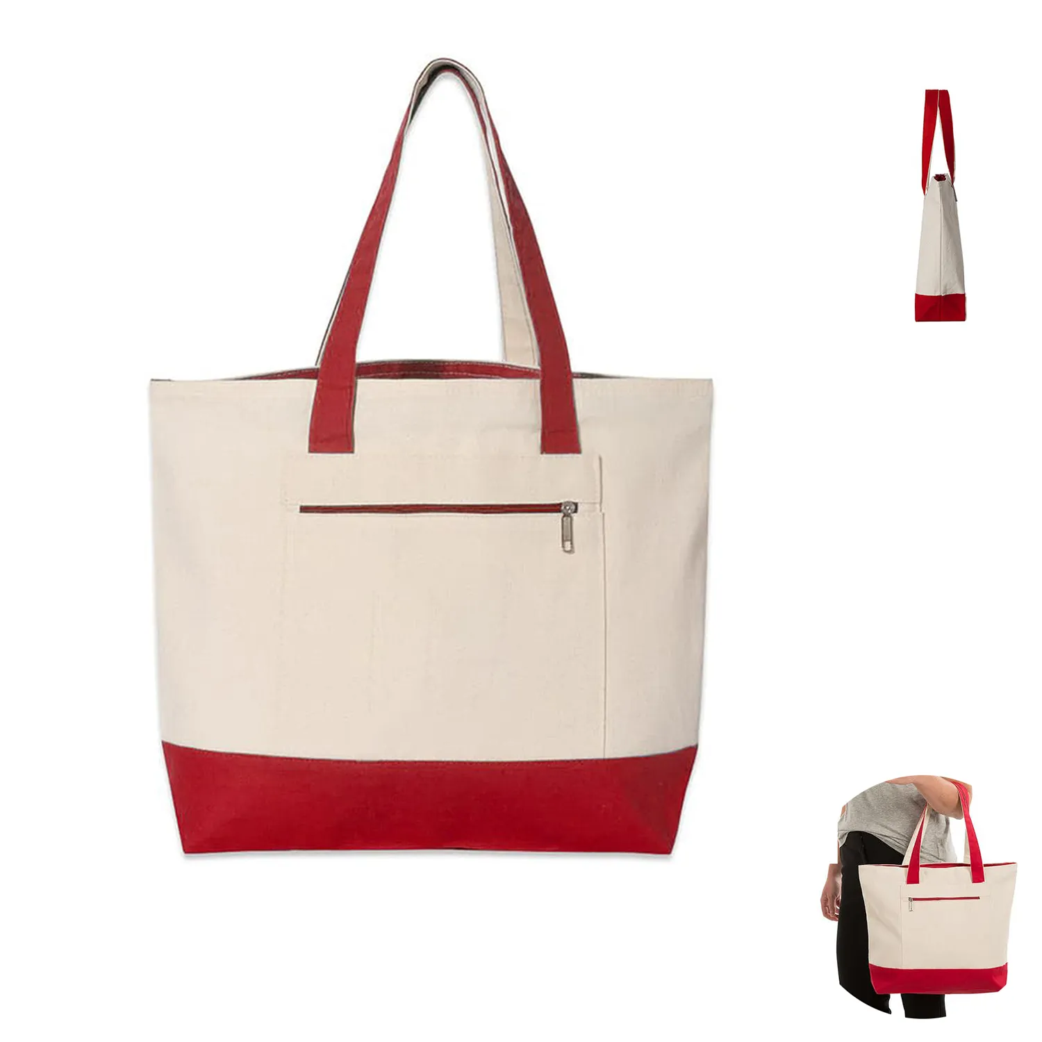 Medium Front Zipper Cotton Boat Tote Bag, custom tote bag with logo imprint 1