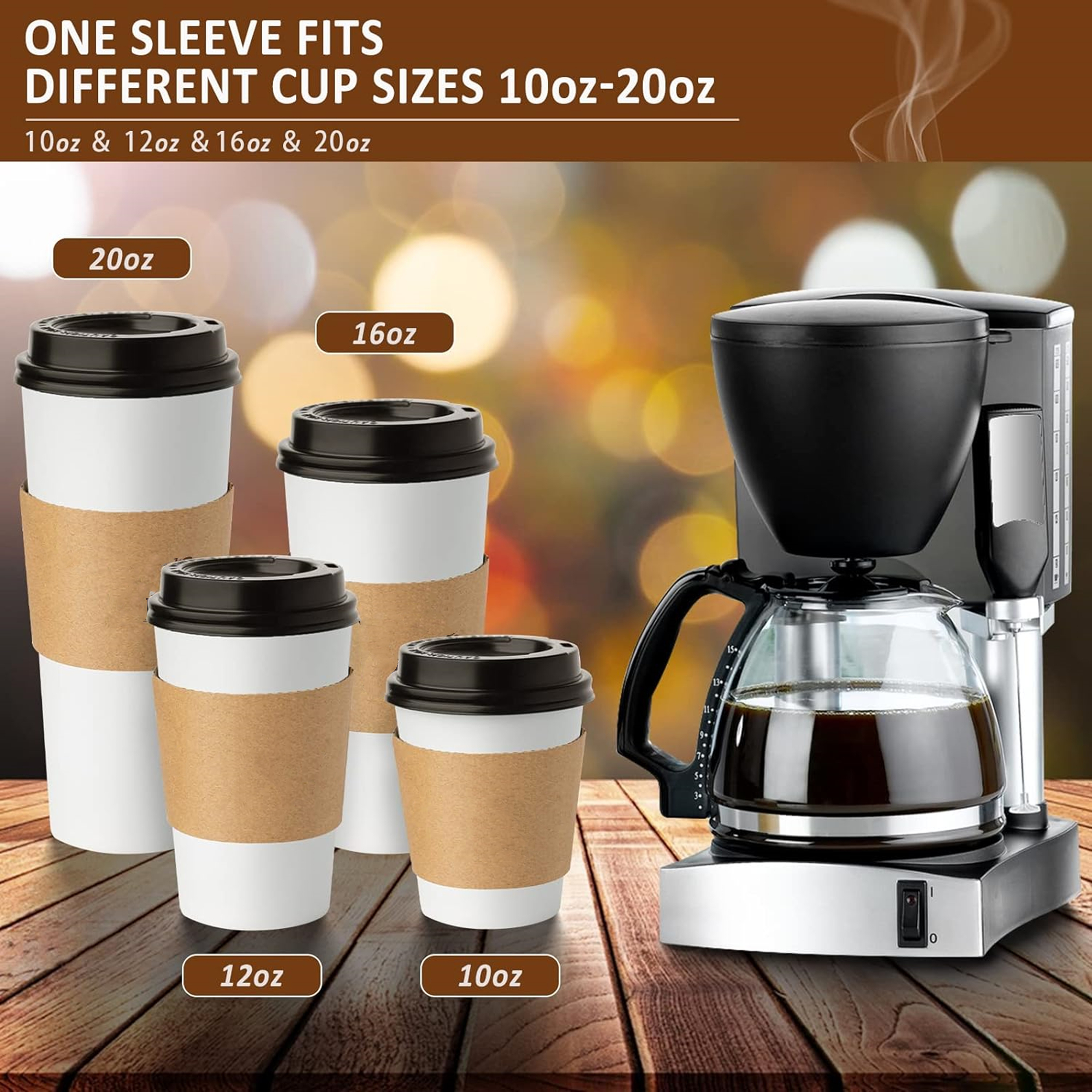 100 Pcs 10-20 oz Kraft Paper Coffee Cup Sleeves 5