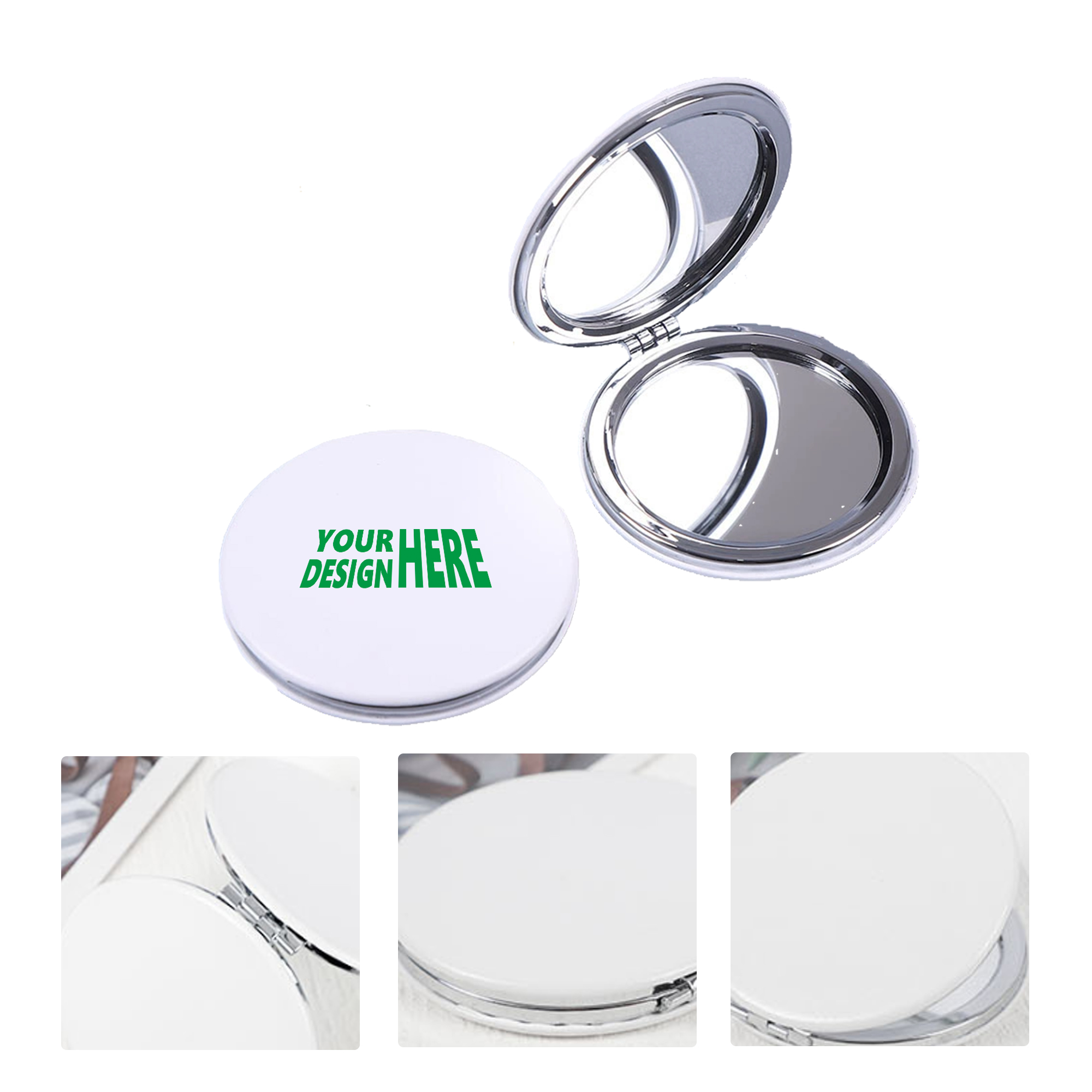 MOQ 50 White PU Folding Pocket Mirror Personalized Travel Makeup Mirror 1