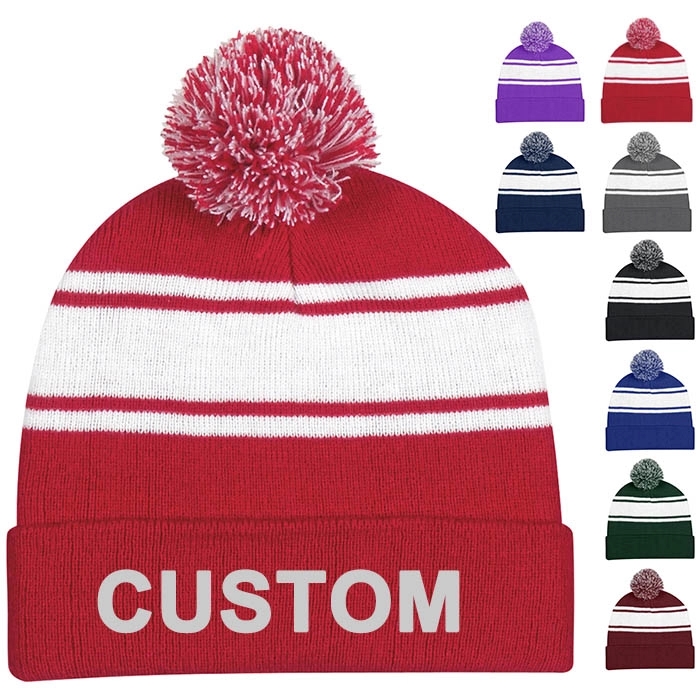 Two-Tone Knit Pom Striped Beanie With Cuff 7