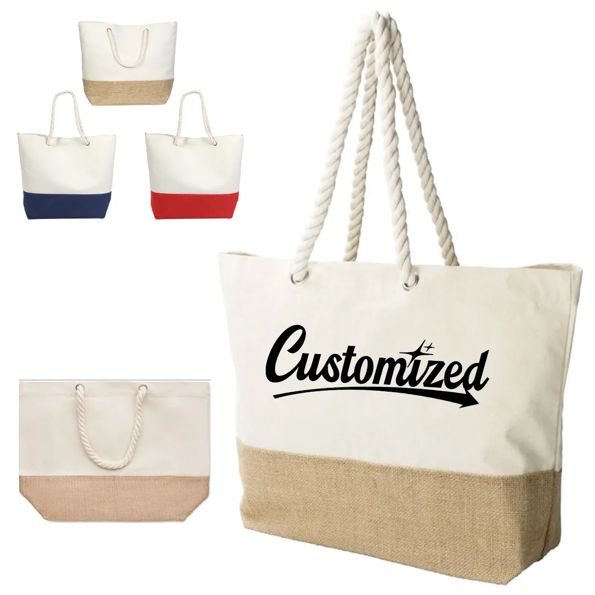 Canvas Jute Beach Grocery Tote Bag With Rope Handles, custom tote bag with logo imprint 5
