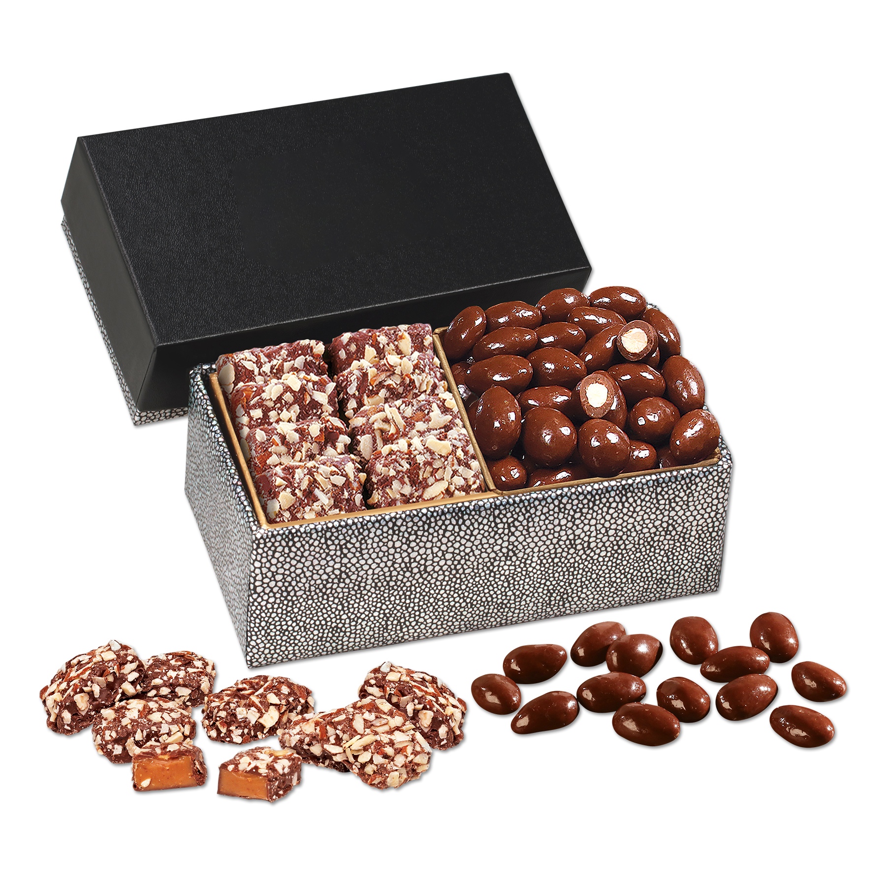 Chocolate Almonds & Toffee in Black & Silver Gift Box 1